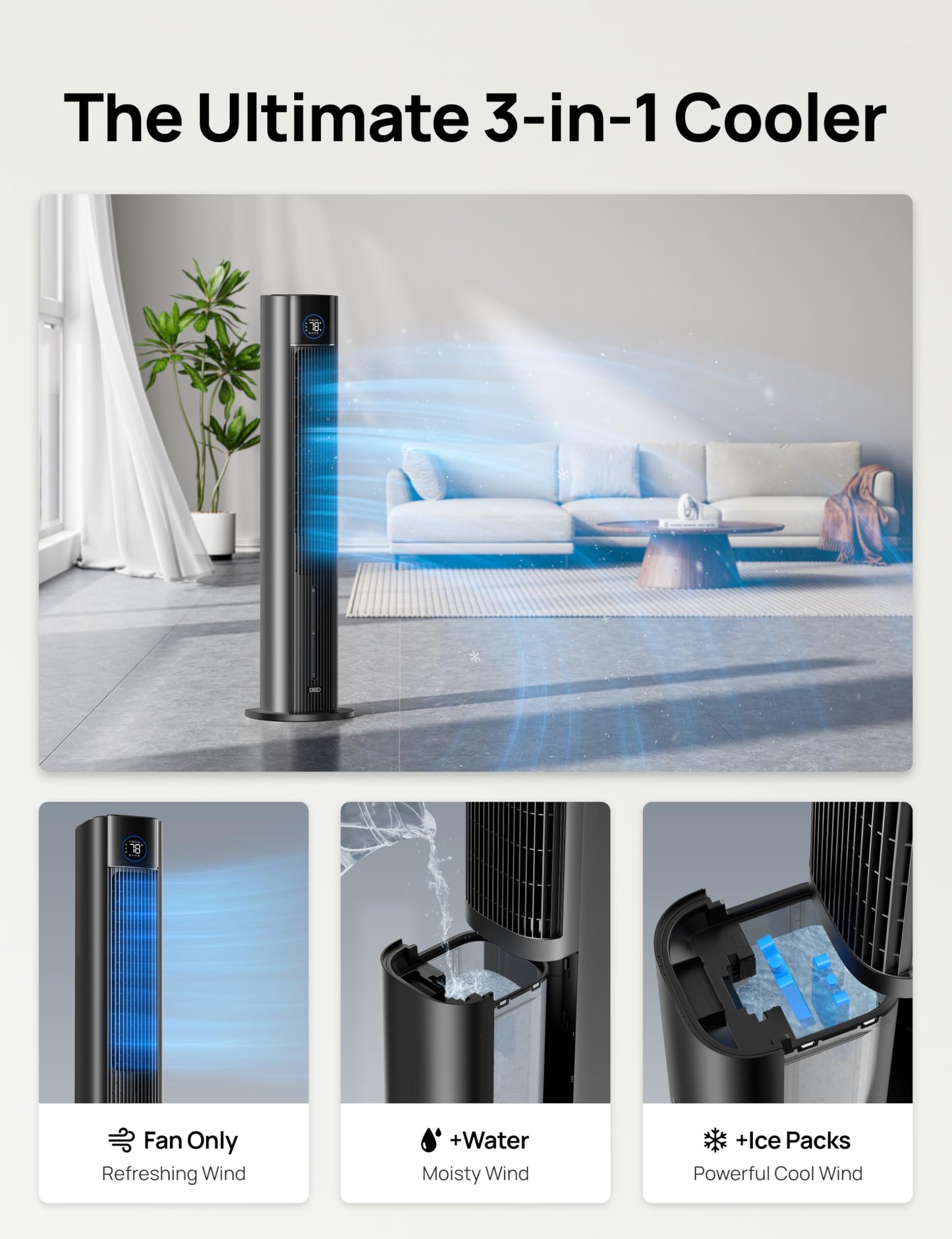 DREO Tower Fan for Bedroom, 43" Cooling Fans That Blow Cold Air 2025 Upgraded, Evaporative Air Cooler, Quiet 85° Oscillating Floor Fan, Easy Cleaning