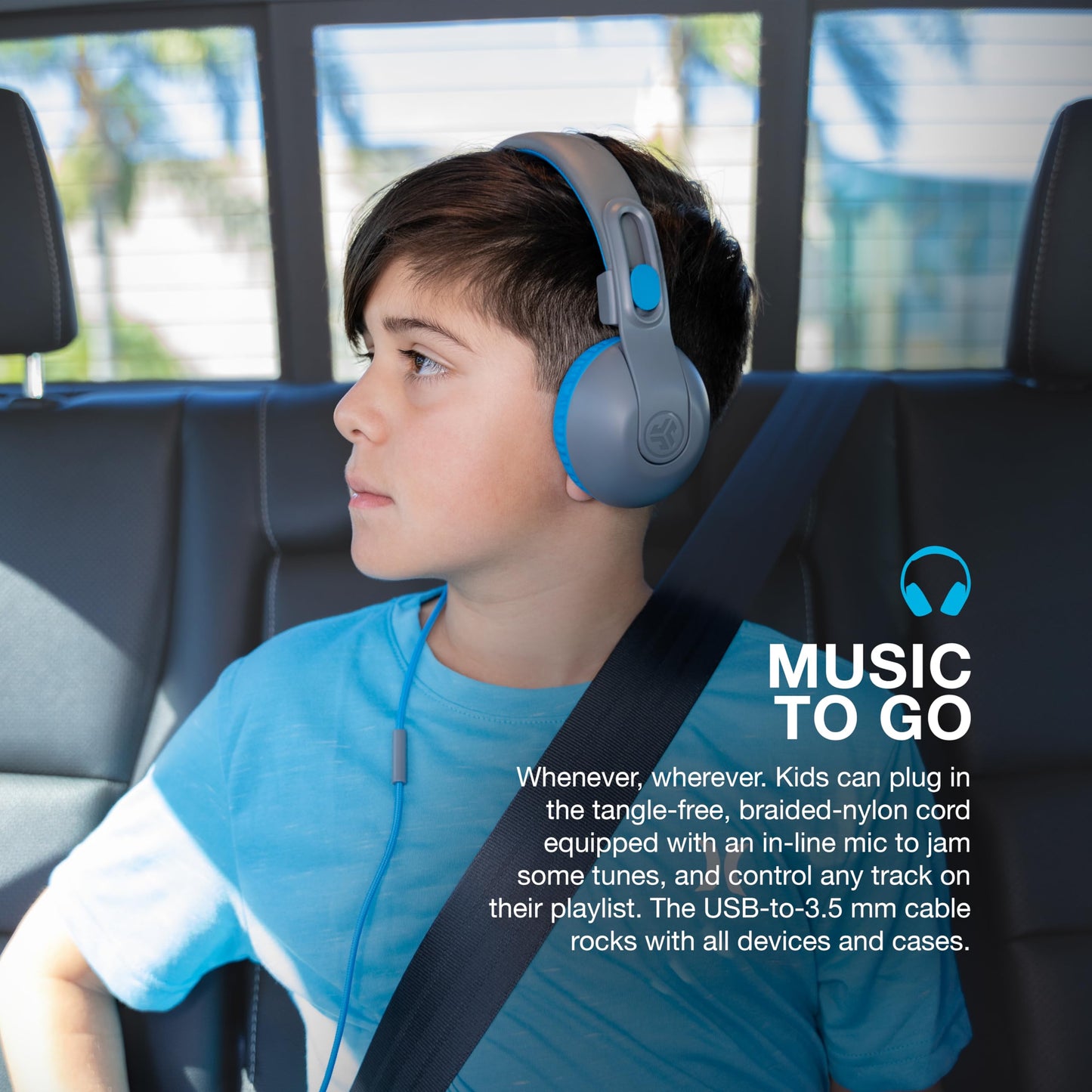 JLab JBuddies Studio 2 On-Ear Kids Wired Headphones, Grey/Blue, Toddler Headphones, Kid Safe, Studio Volume Safe, Volume Limiter, Folding…