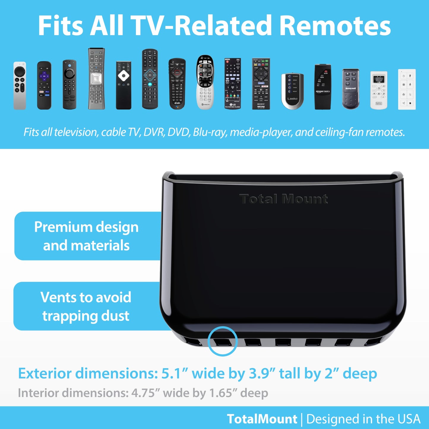 TotalMount Universal Remote Control Holder - Attaches to Wall or Back of TV - Compatible with All TV Remotes (Premium Black, Large Two Pack)