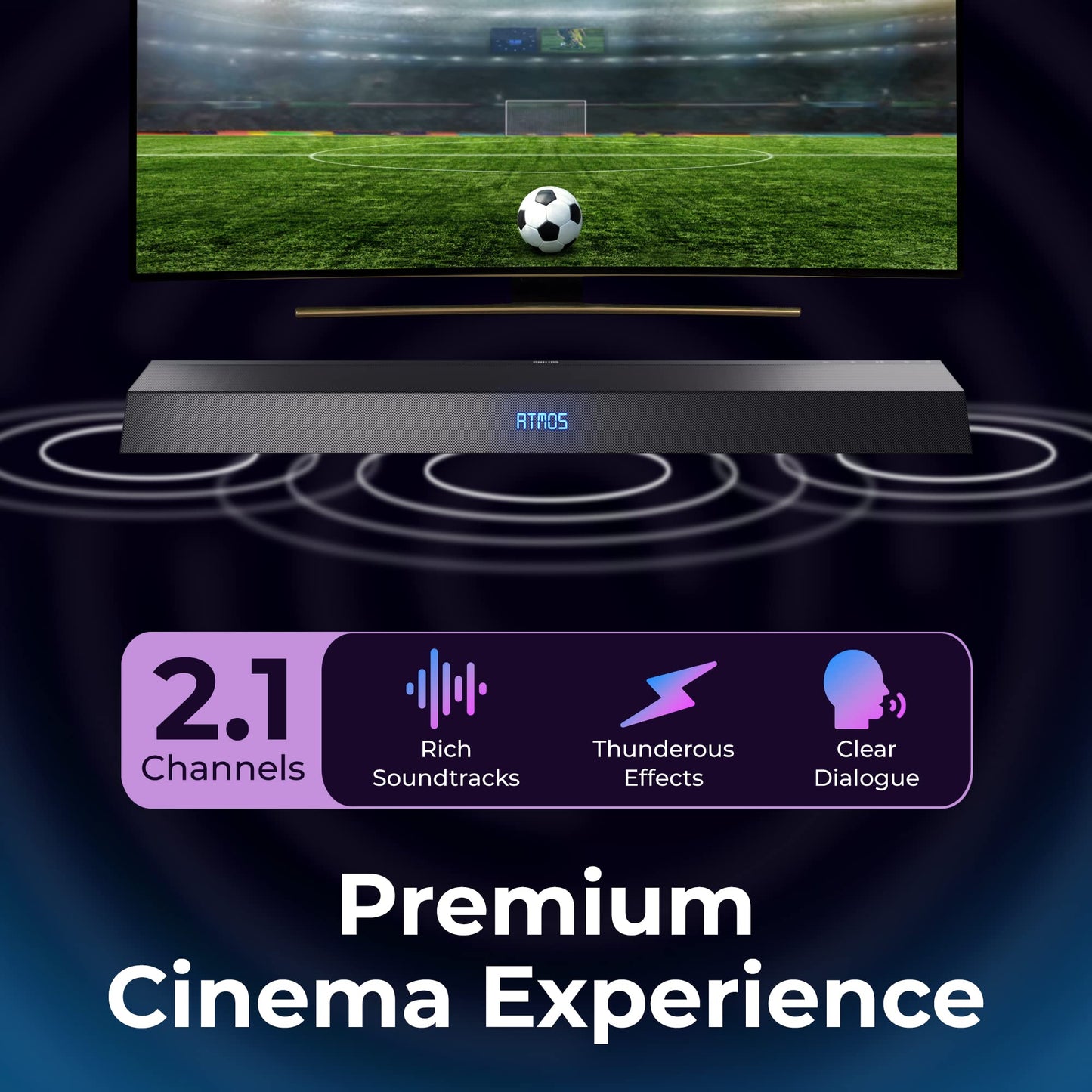 PHILIPS B8405 Soundbar 2.1 with Wireless Subwoofer, Dolby Atmos, Stadium EQ Mode, DTS Play-Fi Compatible, Connects with Amazon Echo Devices and Voice