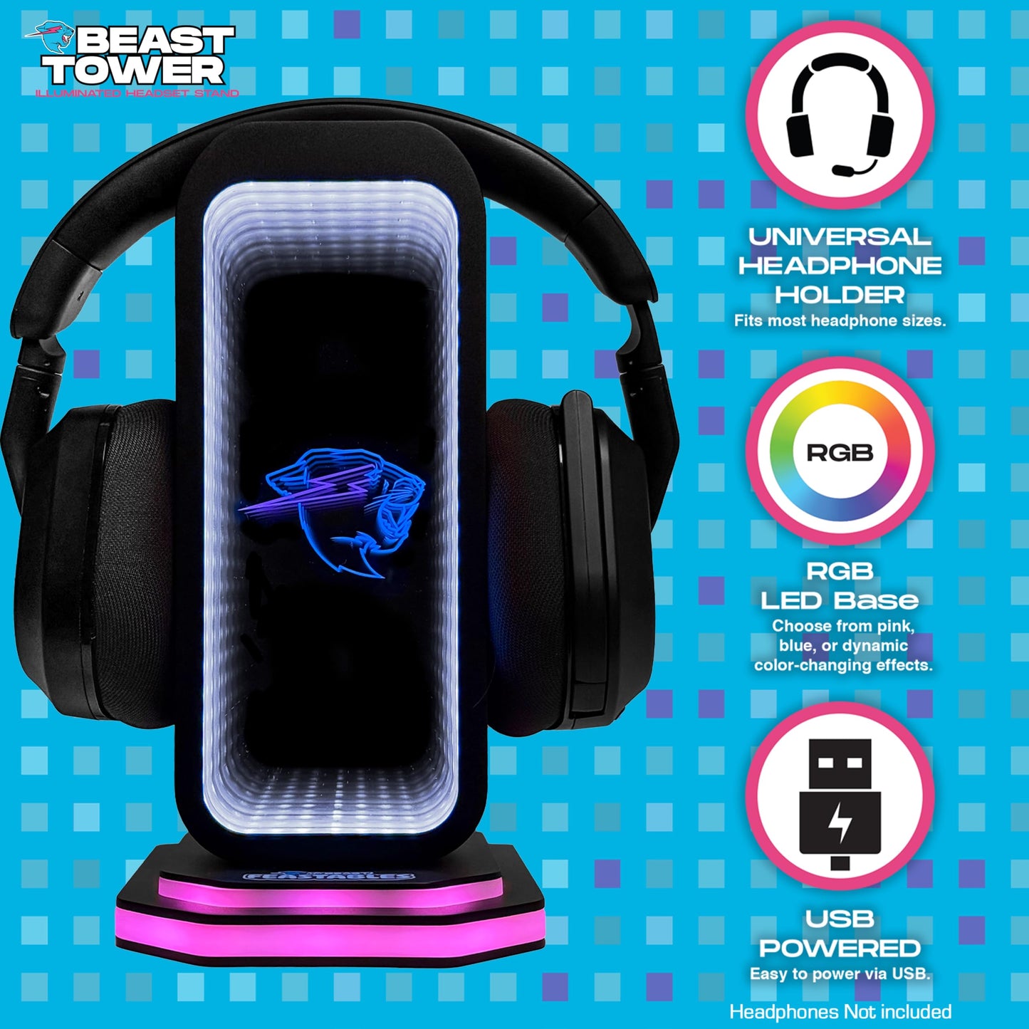 Feastables Beast Tower MrBeast Gaming Headphone Stand | RGB Light Display with Infinity Mirror Effect and Logo | Universal Headset Holder; USB…