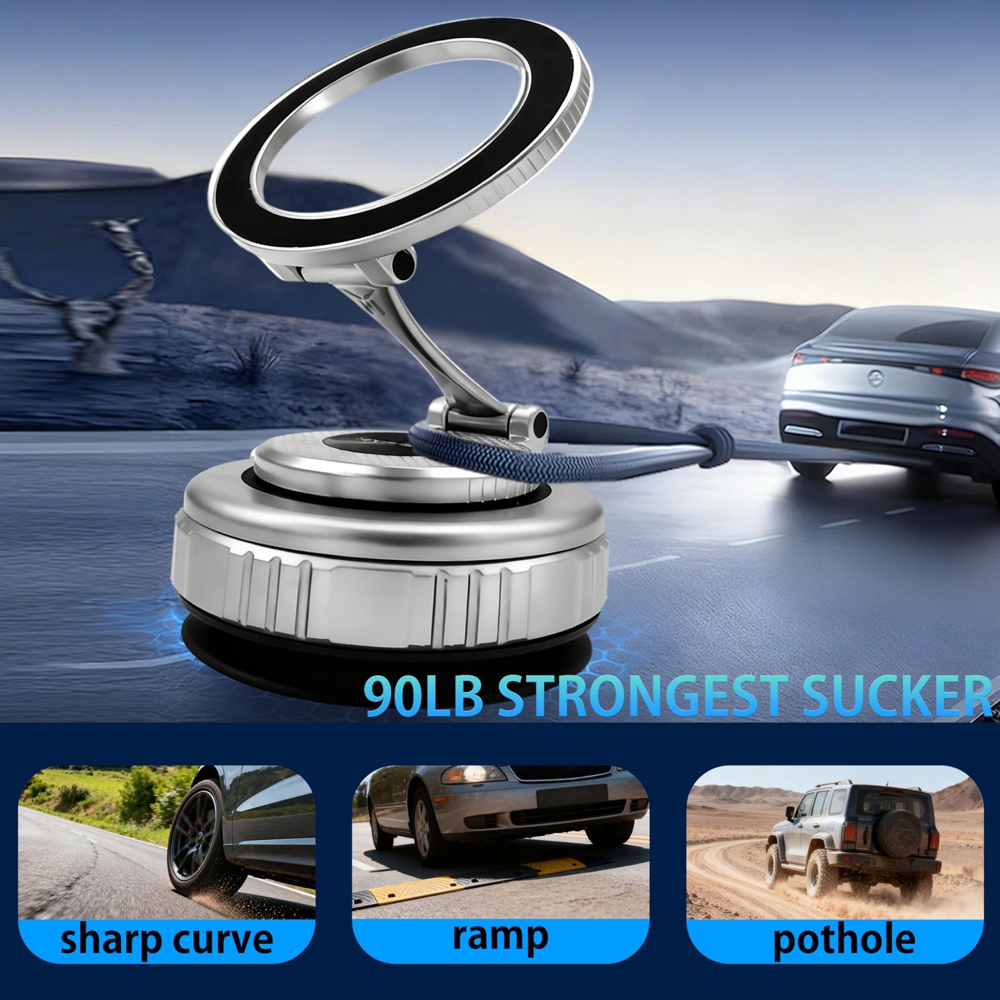 MYSISLE 2026 Upgraded 360° Adjustable Vacuum Magnetic Car Phone Holder for Mag Safe [90+LBS Suction & 2800gf Magnetic] Suction Cup Car Phone Mount
