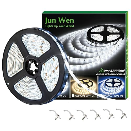 JUNWEN 16.4ft White Led Strip Lights, 12V Waterproof Led Strip Lights Flexible Light Strip Indoor for Bedroom, Kitchen, Bathroom(Not Included Power)