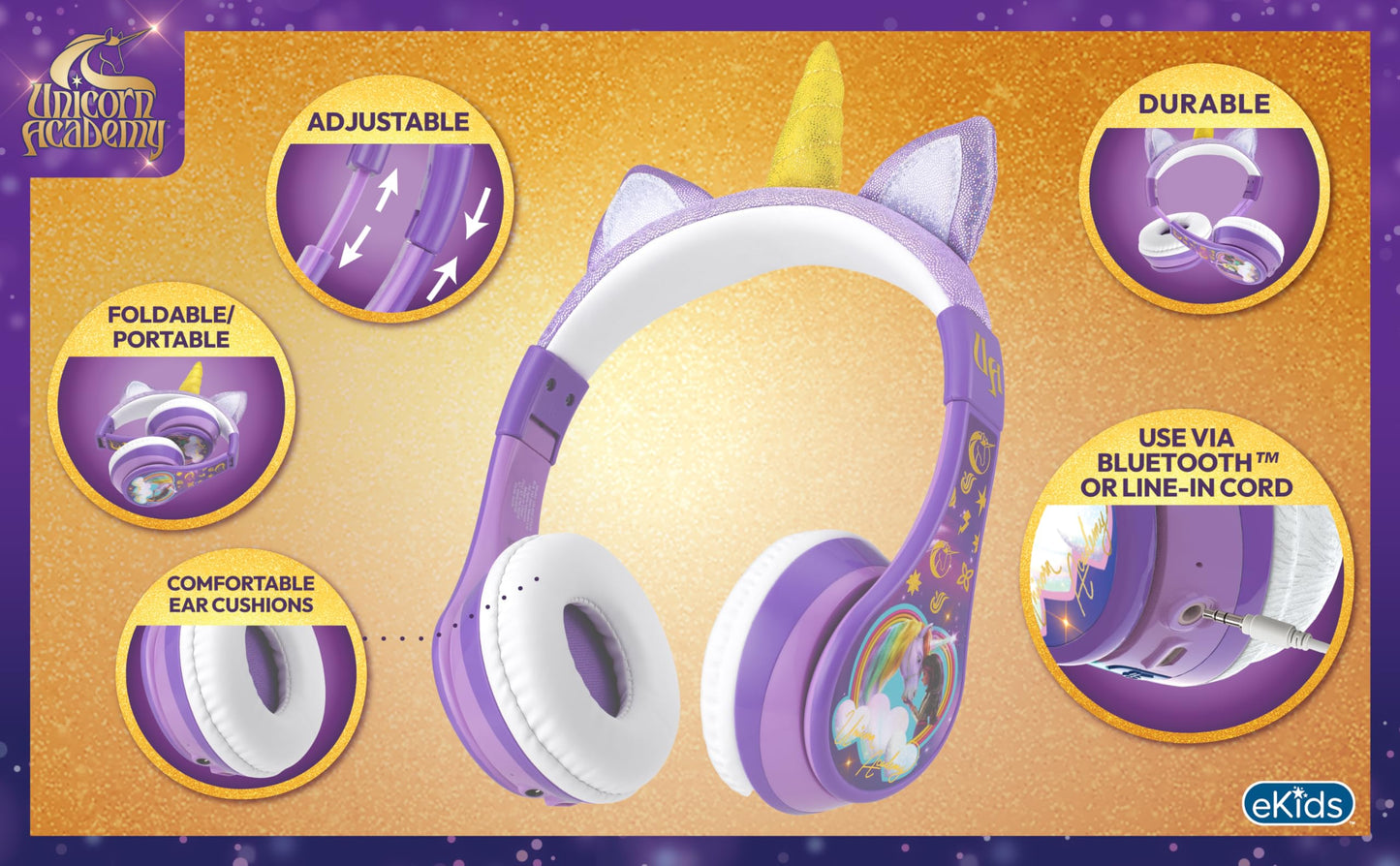 eKids Unicorn Academy Bluetooth Headphones, Wireless Headphones with Microphone Includes Aux Cord, Volume Reduced Kids Foldable Earphones for School…