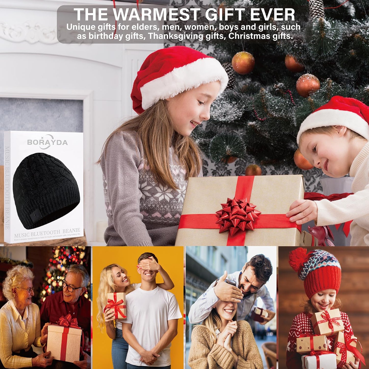 BORAYDA Bluetooth Beanie, Bluetooth 5.2 HD Stereo,30 Hours Play time,Built-in Microphone, Men's/Women's Christmas Electronic Gift (Black)