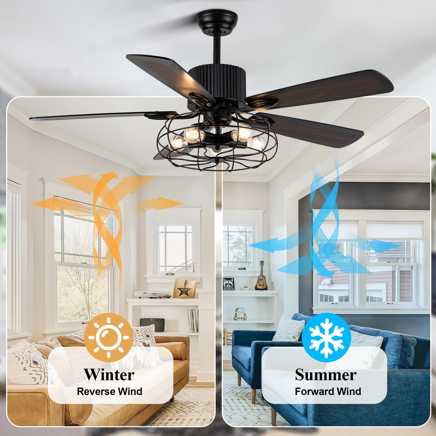 Dawn Whisper 52 Inch Farmhouse Ceiling Fans with Lights for Living Room