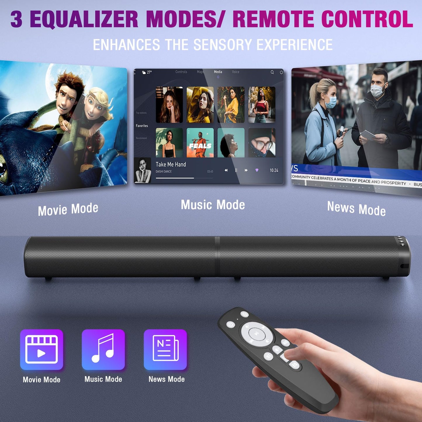 Puriom Sound Bar for Smart TV, 100W Sound Bar with Bluetooth 5.3/ARC/Opt/AUX Connect, 2-in-1 Detachable Home Soundbar, Home Theater Speaker & Bass