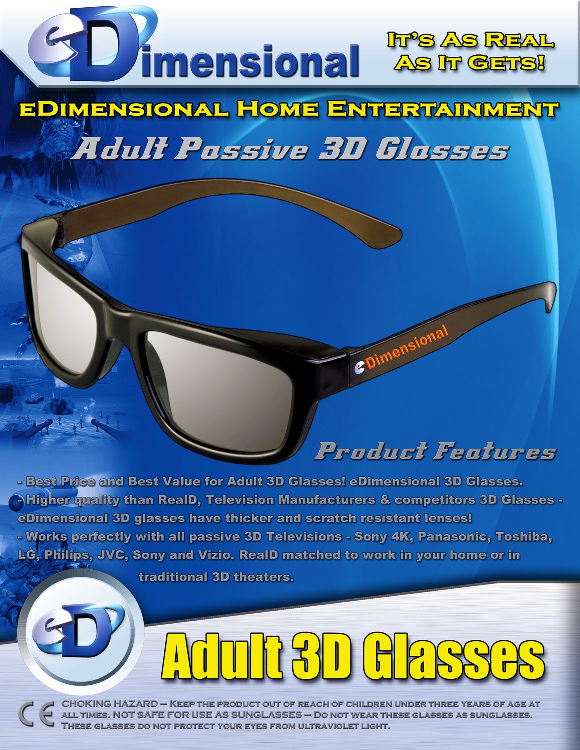 ED Family 4 Pack Cinema 3D Glasses KIT for LG 3D TVs - 2 Adult and 2 Kids Passive Circular Polarized 3D Glasses