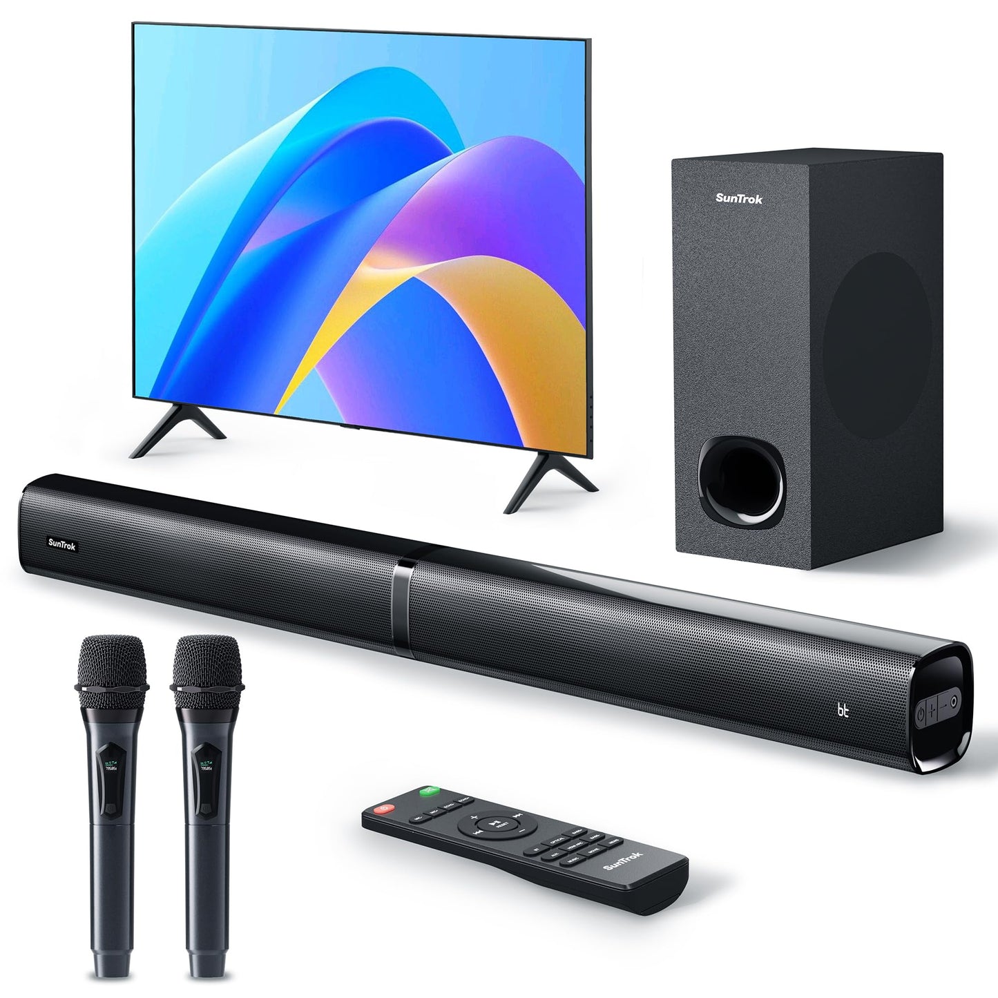 Soundbar with Subwoofer for TV, Home Theater Bluetooth 5.3 Speaker System with 2 Wireless Karaoke Mics, Surround Sound Audio with HDMI ARC, Optical