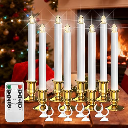 Christmas Window Candles, 8pcs Christmas Flameless Taper Candles Battery Operated with Remote & Timer, Candlestick, Suction Cups