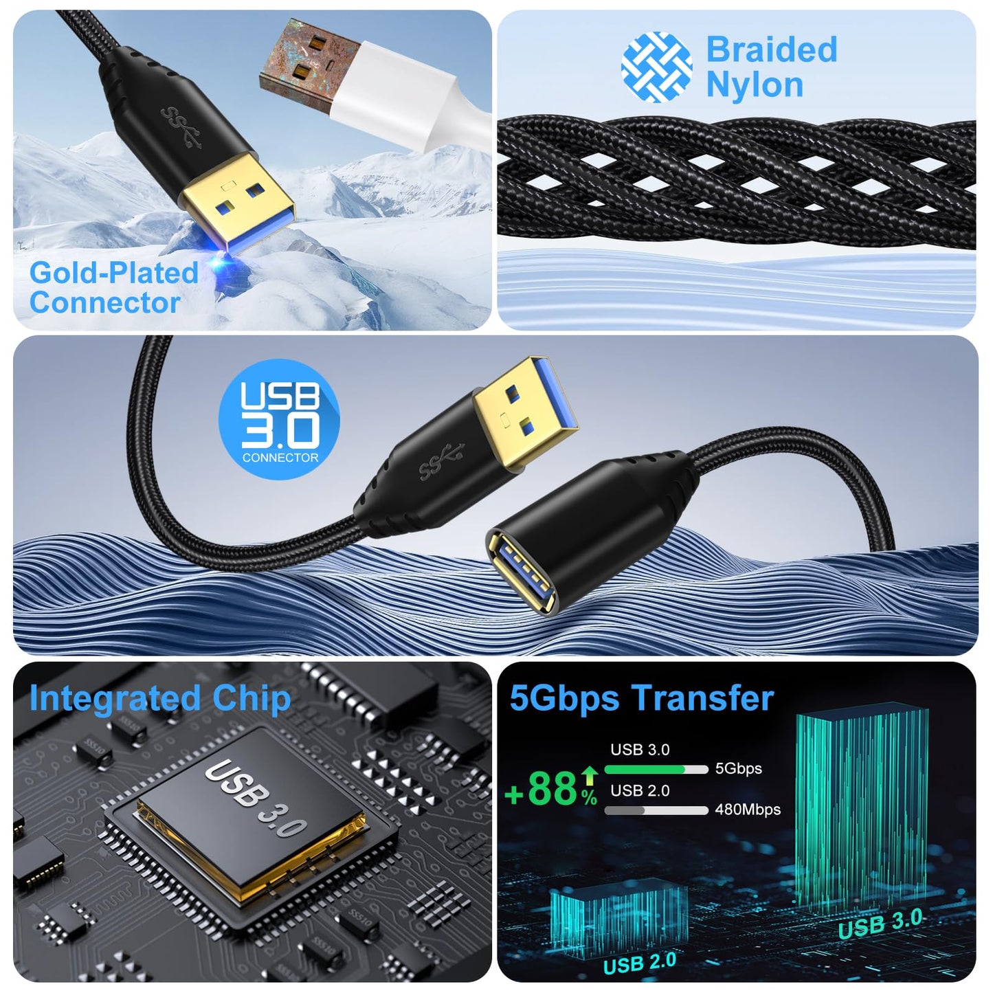 Besgoods USB 3.0 Extension Cable, 4Pack [6ft] USB A Male to Female Braided Extender Cord 5Gbps Fast Data Transfer for Hard Drive, Keyboard, Mouse