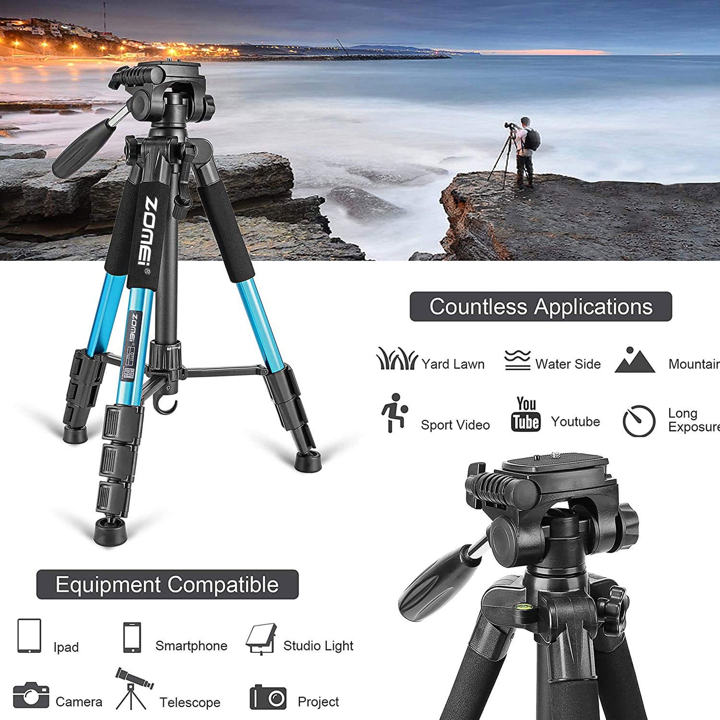 Portable 55-inch Camera Tripod Q111 Lightweight Phone Stand with Phone Holder and Quick Release Plate for DSLR Cameras,Cell