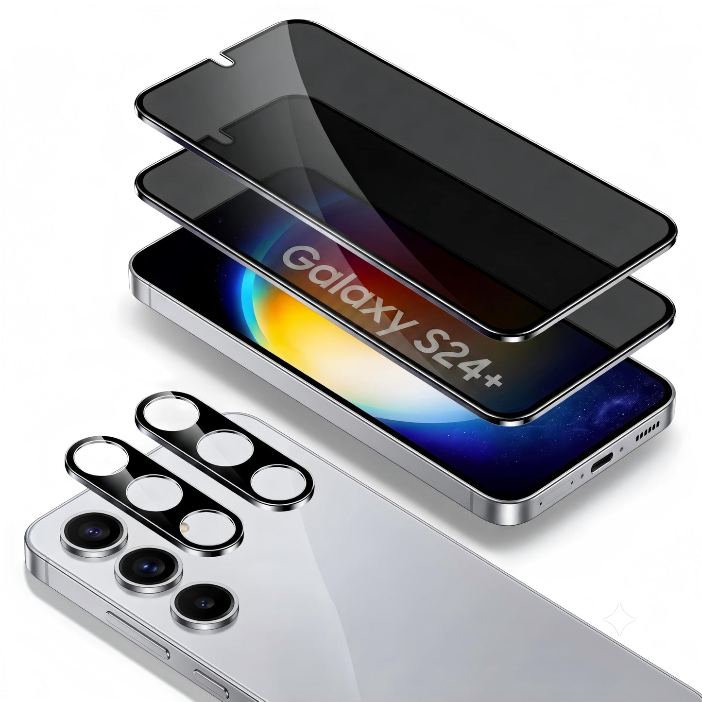 2 Pack Privacy Screen Protector for Samsung Galaxy S24 Plus with 2 Pack Camera Lens Protector, Tempered Glass Fingerprint Unlock Compatible, 180