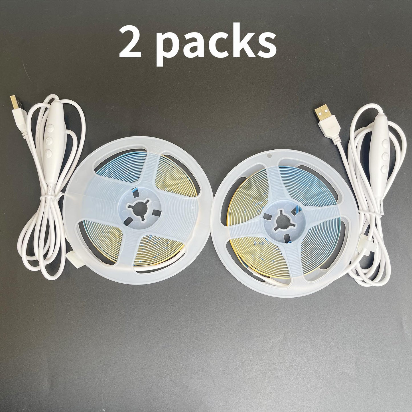 Clearhill 2PACK 5V USB COB LED Strip Lights with Dimmable Switch,16.4FT/5M,Cool White 6500K,320LEDs/M,8mm Width,Not Waterproof IP20,1.5M USB Switch