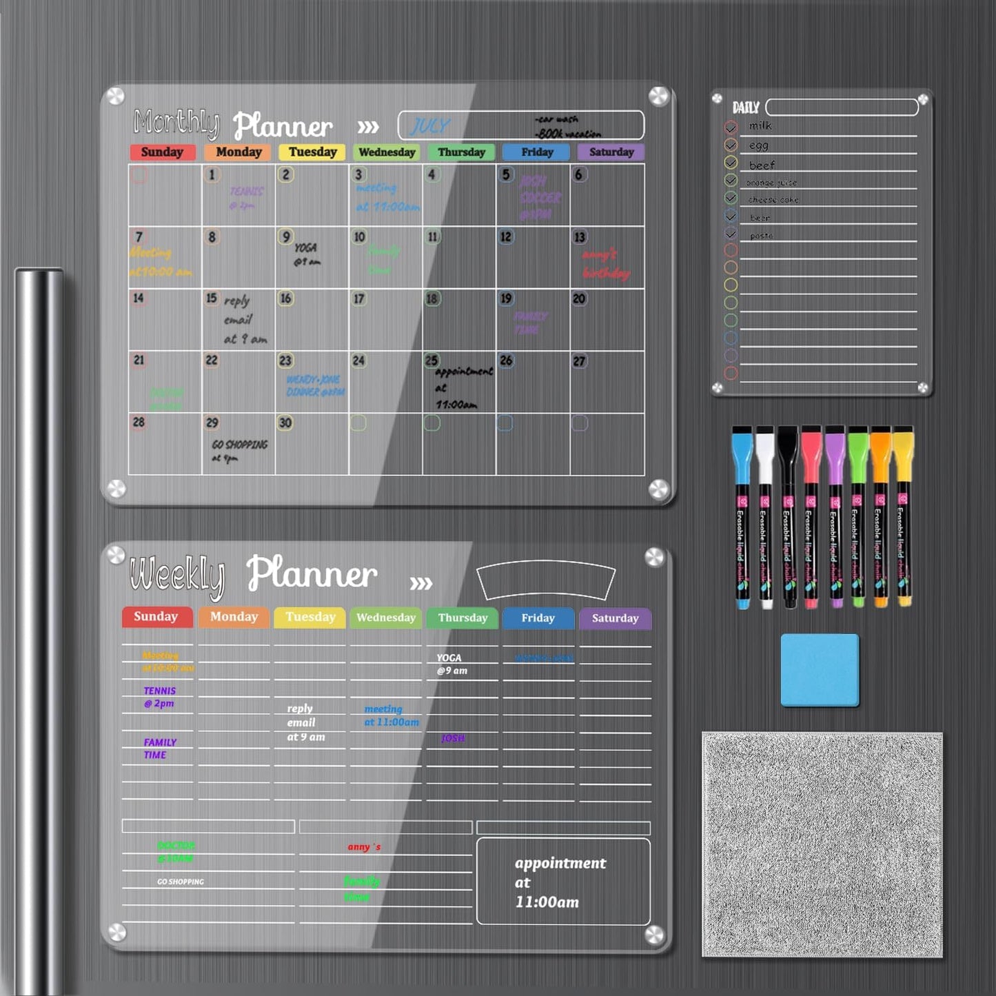Hivillexun Magnetic Dry Erase Calendar Whiteboard Set (4-Pack) for Refrigerator, Wall, and Fridge Organization with Monthly, Weekly, Whiteboard