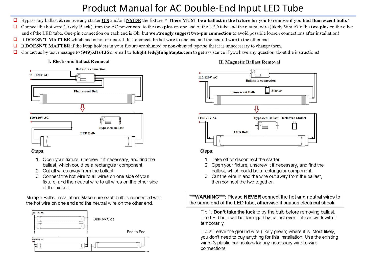 Fulight Type B F13T5/WW LED Tube Light, 21-Inch, Warm 3000K, 110/120V AC