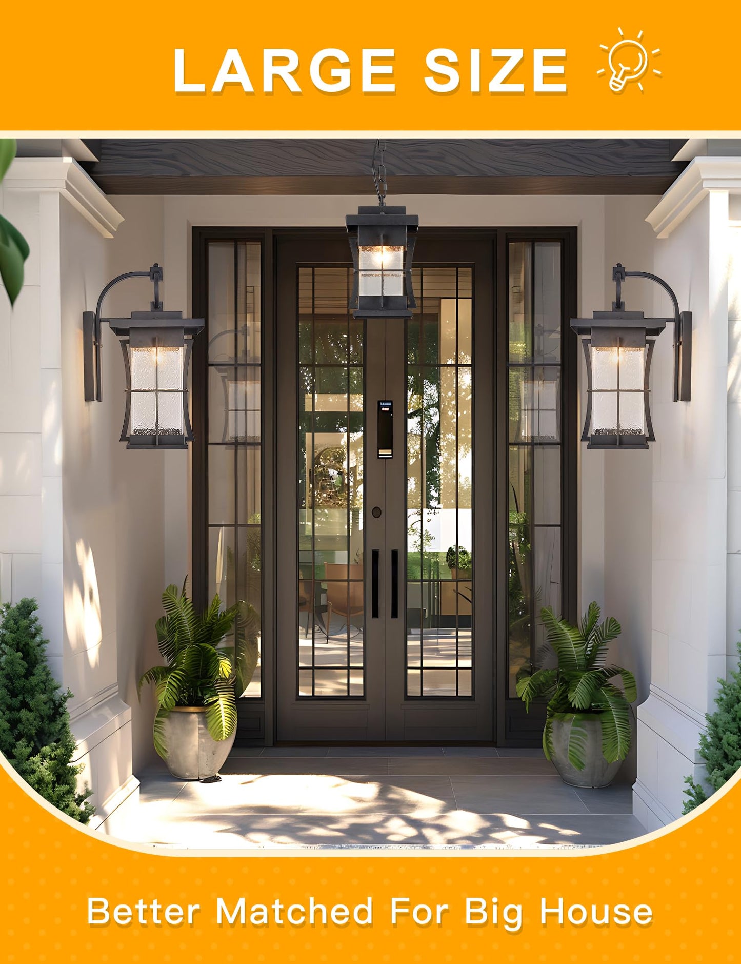 EERU 18" H Extra Large Outdoor Wall Sconce Black Large Exterior Wall Lantern Outside House Lamps Waterproof Mission Light Fixtures with Clear Seeded