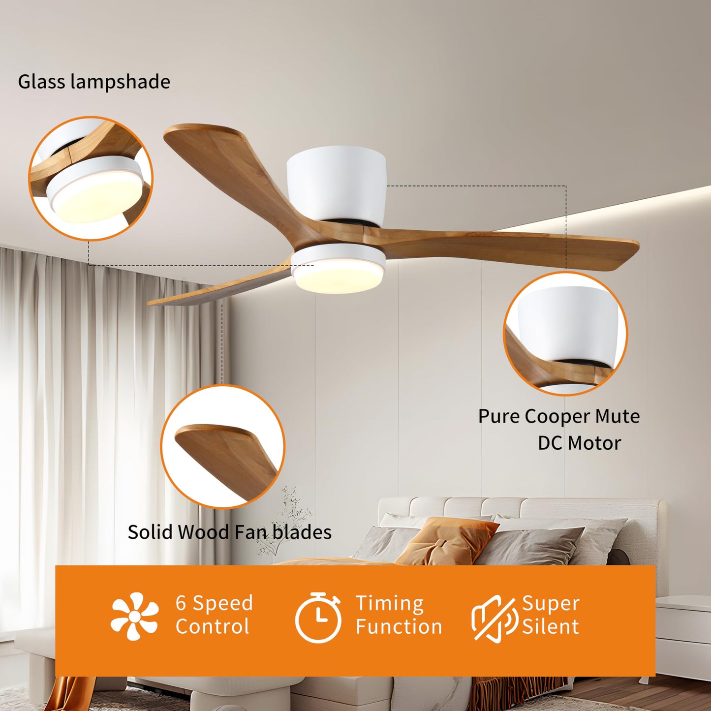FUCIHOMA 42 inch Wood Ceiling Fans with Lights and Remote, Modern Flush Mount Low Profile Ceiling Fan with Light, 6 Speed, Reversible DC Motor,