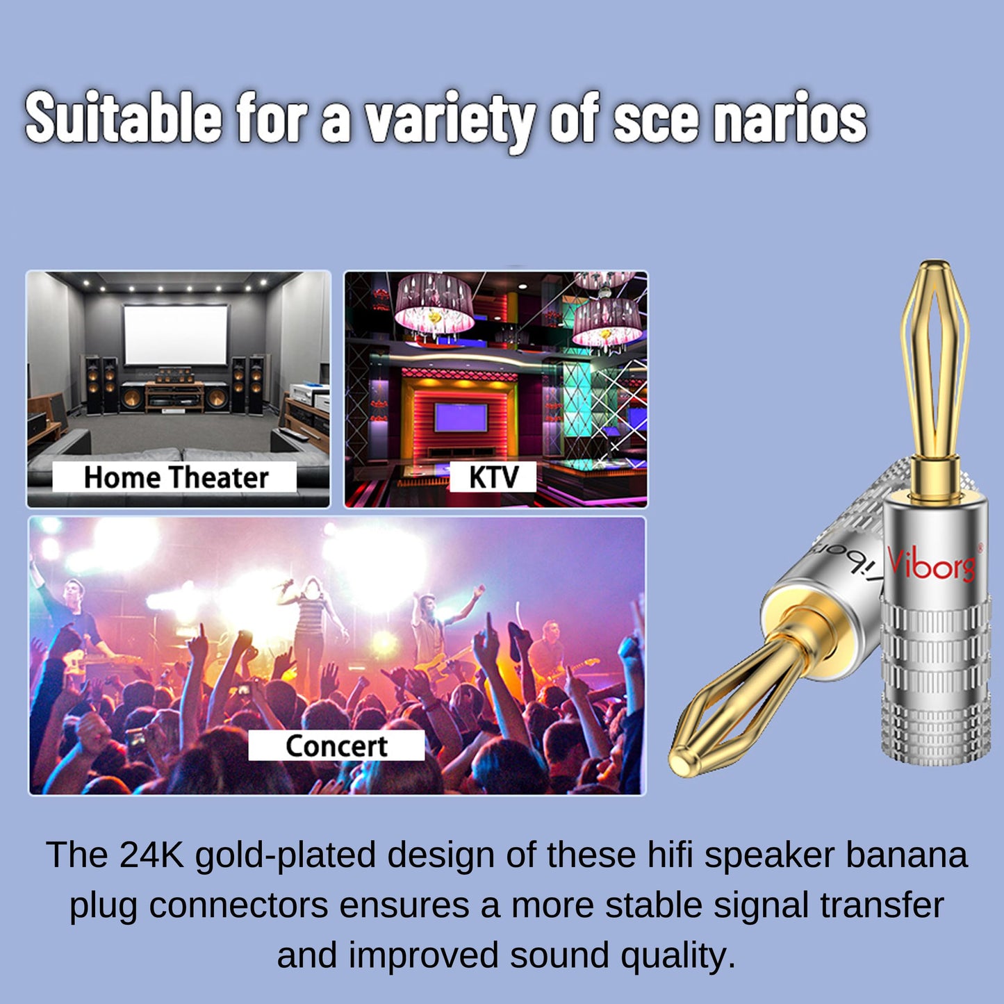 Viborg 8X HiFi Speaker Banana Connectors, 24K Gold-Plated Banana Plug, Dual Screws Locking, Hi-end Audio Speaker Banana Jack Terminals for Speaker