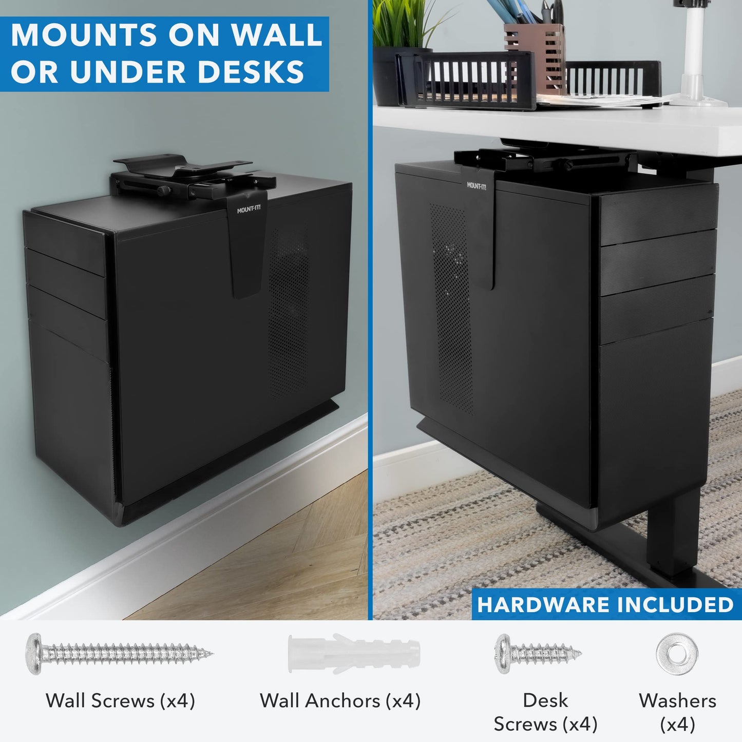 Mount-It! CPU Under Desk Mount Bracket - Computer Tower Wall and Under Counter Holder, 360 Degree Swivel Adjustable Height and Width Wall-Mountable