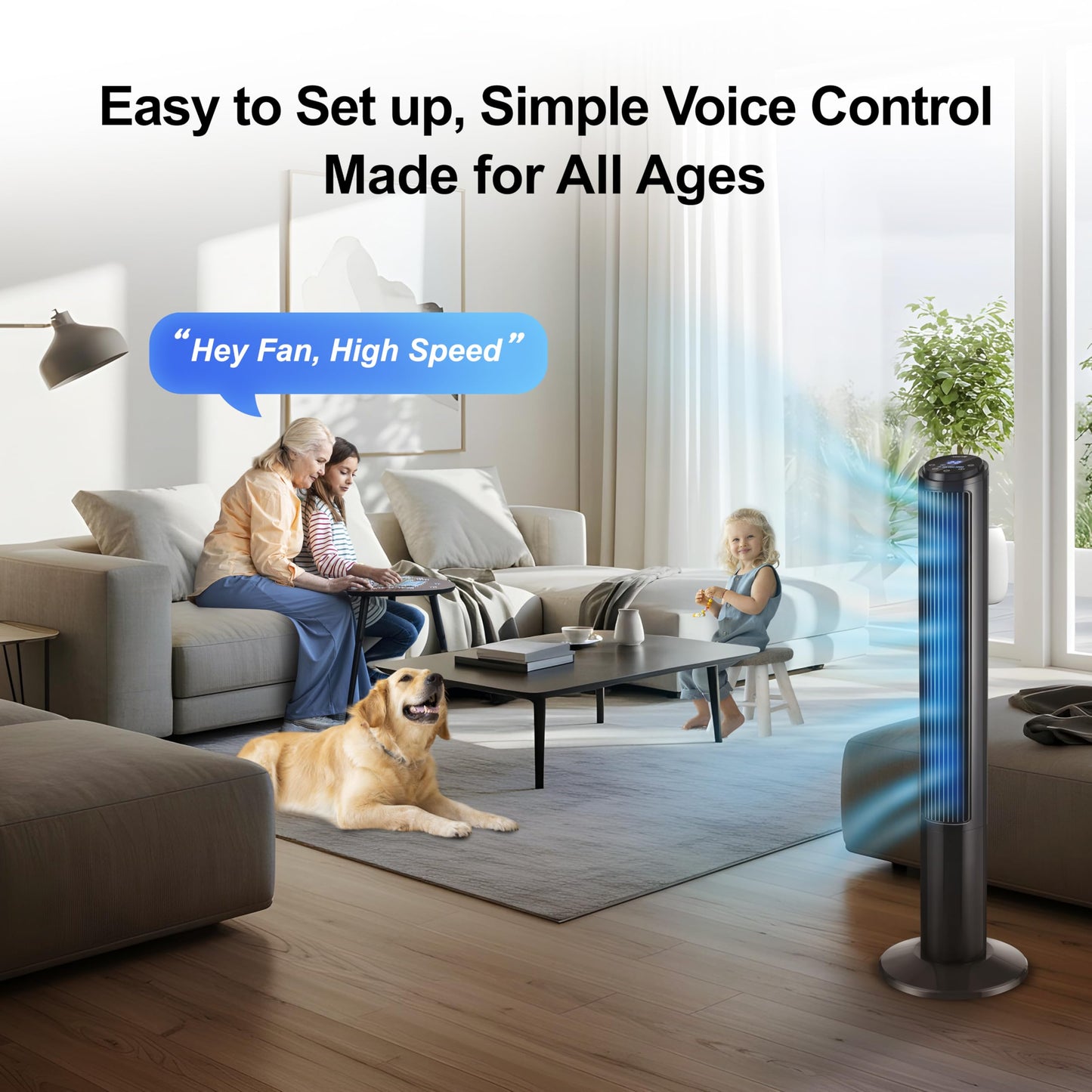 Emerson SmartVoice 40” Tower Fan, Wi-Fi-free Voice Control Fan, Hands-Free Cooling, No WiFi, No App, 70° Oscillation, 3 Speeds, 15-Hr Timer, Sleep
