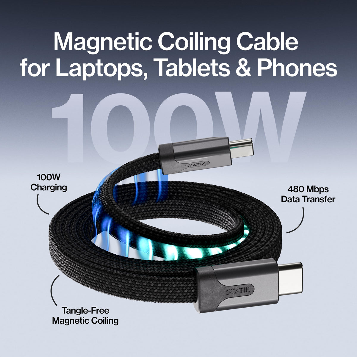 Statik MagStack Slim Pro USB C to C Flat Coil Magnetic Charging Cable, 100W