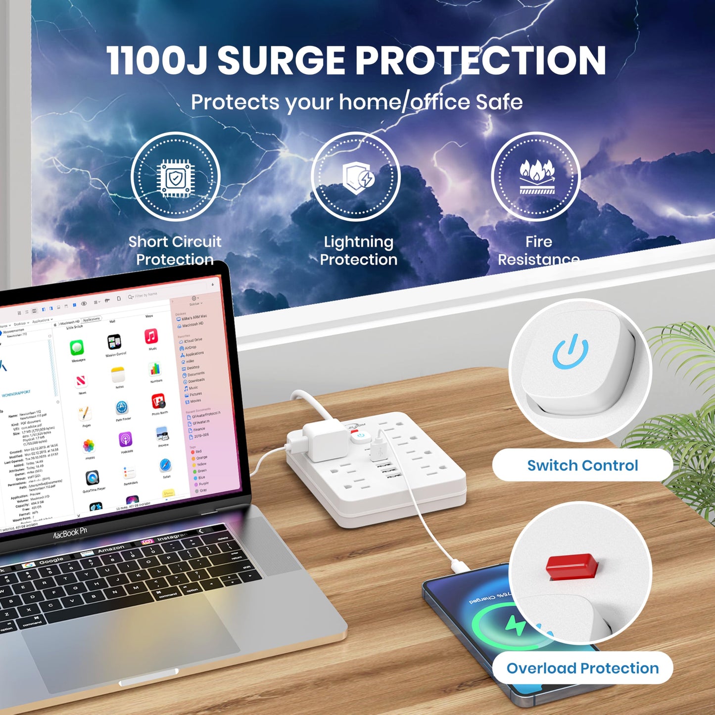 JouleLoom Power Strip Surge Protector with 8 Outlets, 4 USB and 2 USB C Ports, 5 Ft Extension Cord, Flat Plug, Wall Mount, Overload Protection Desk