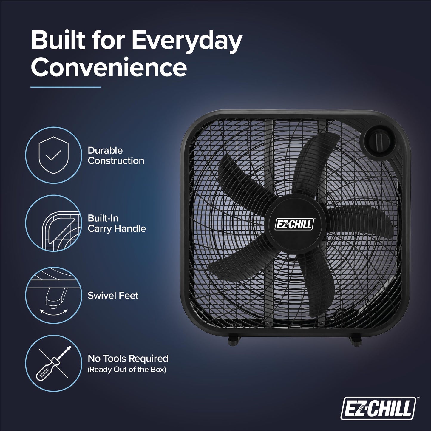 EZ-CHILL 20" 3-Speed Box Fan, Ideal for Home, Bedroom, & Office, Black
