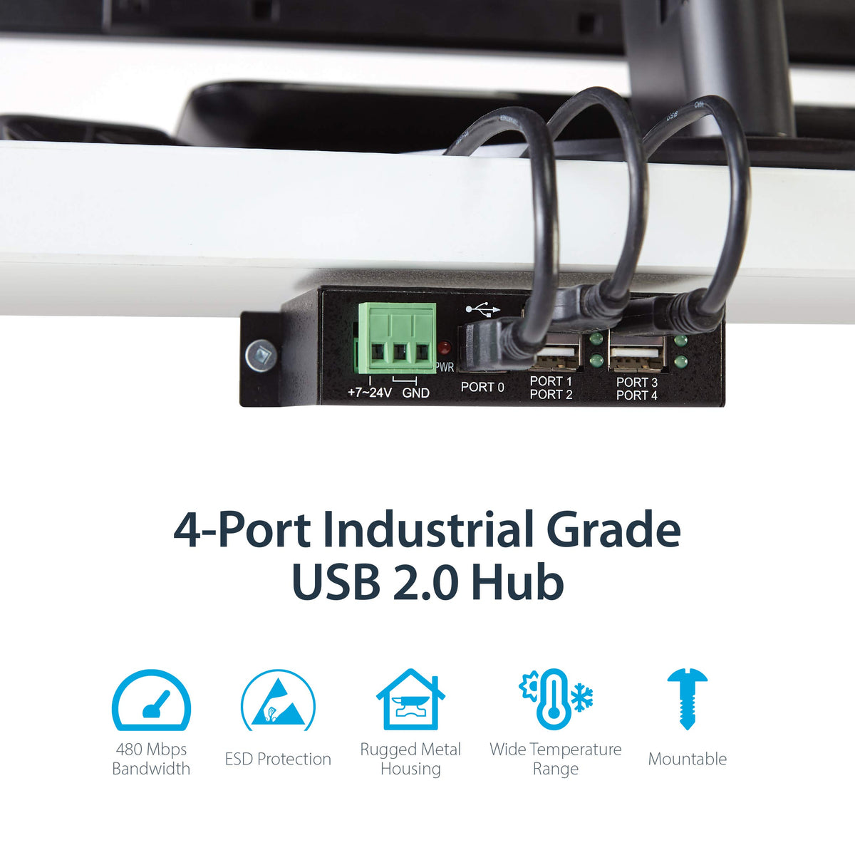 StarTech 4-Port Industrial USB 2.0 Hub, Metal, Expander, TAA (ST4200USBM)