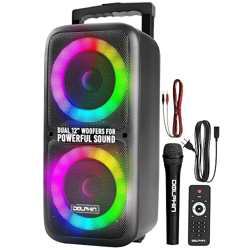 Dolphin Dual 12" Bluetooth Party Speaker - Portable Large Speaker with Wired Microphone, Multicolor LED Lights, USB Playback, Hi-Fi Amplifier