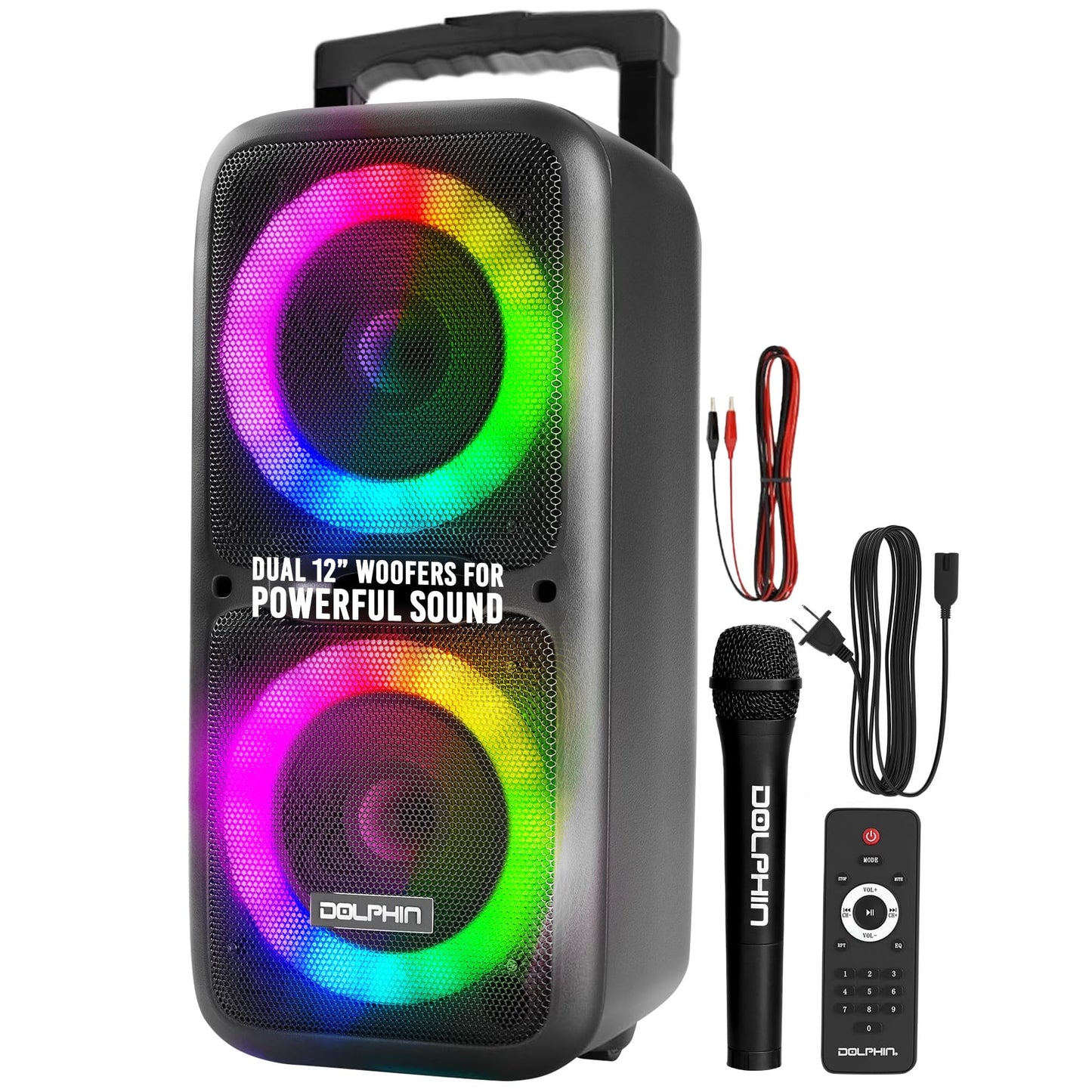 Dolphin Dual 12" Bluetooth Party Speaker - Portable Large Speaker with Wired Microphone, Multicolor LED Lights, USB Playback, Hi-Fi Amplifier