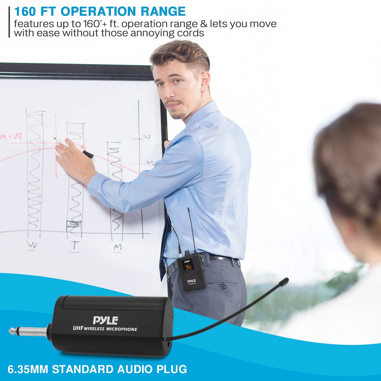 Pyle Dual UHF Microphone System - Portable Professional Cordless Microphone Set Wireless Mic Kit w/Headset / Lavalier Mic, Beltpack Transmitter