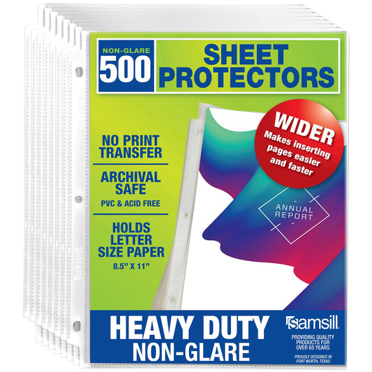Samsill 500 Pack Heavy Duty Sheet Protectors, Non-Glare, 8.5x11 Inch Page Protectors for 3 Ring Binder, Letter Size Protectors, Reinforced Holes
