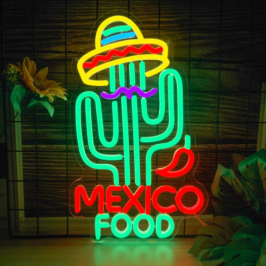 Mexican Food Neon Sign Cactus Neon Lights Dimable Colorful LED Mexican Art Lights Wall Decor for Mexican Restaurants Bars Food Trucks Unique Gift