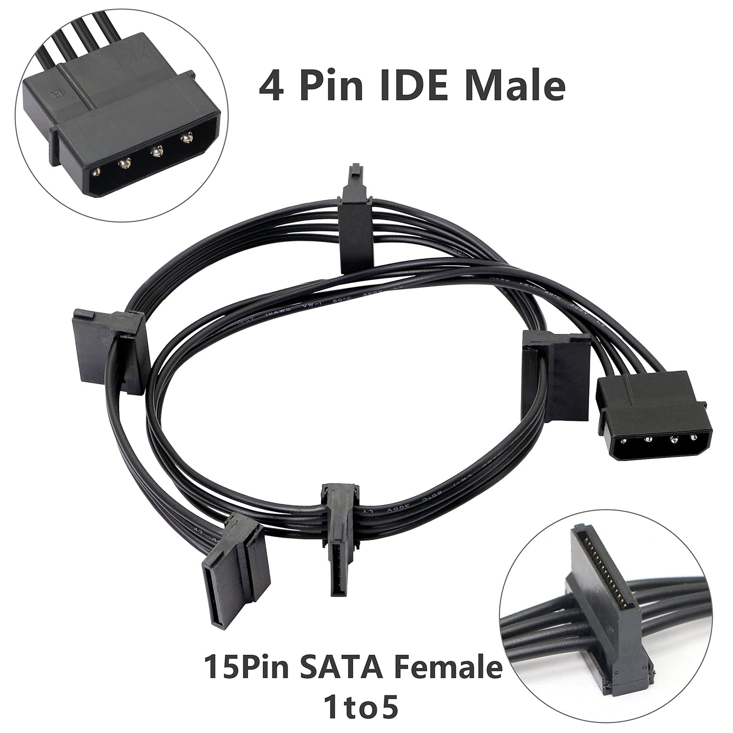 GELRHONR 4 Pin IDE to 15 Pin SATA Splitter Power Cable,LP4 to 5x15 Pin Right Angel SATA Power Conversion Line Black Extension Cable for Hard Disk