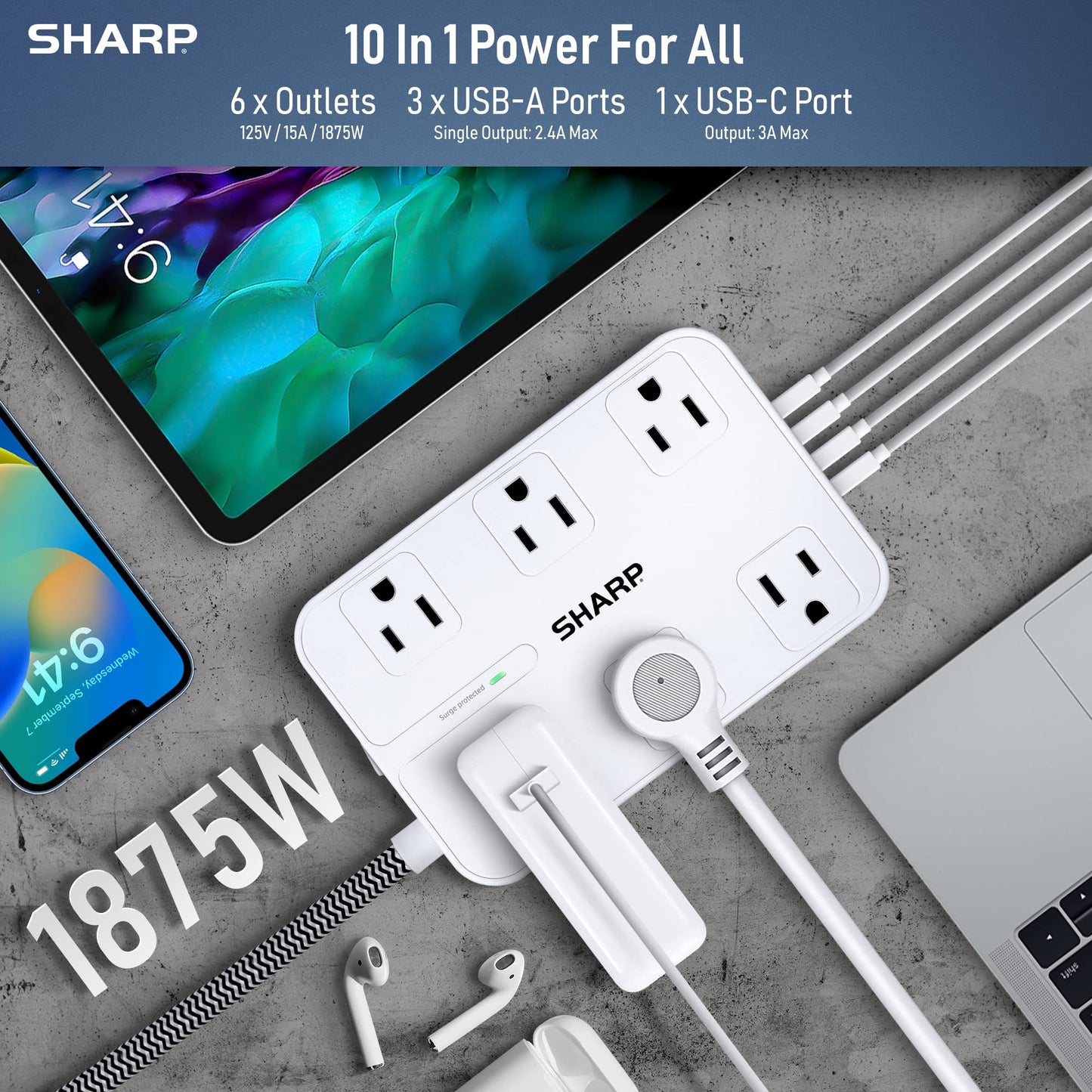 SHARP Surge Protector Power Strip - 6 Widely Spaced Outlets with 4 USB Fast Charge USB Charging Ports (3 USB-A and 1 USB Type-C), Flat Wall-Hugger