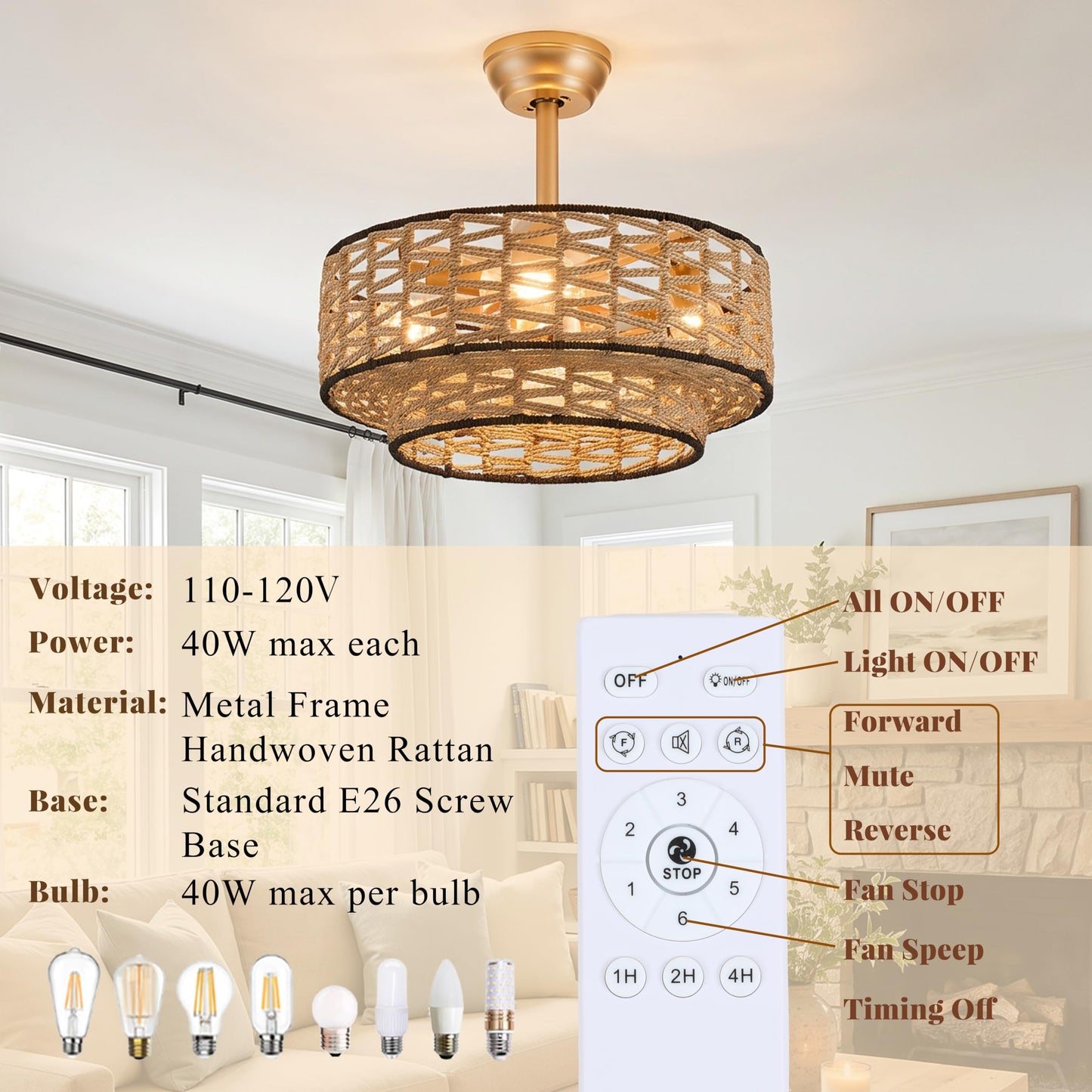 Bewishing Semi-Pendant Fandelier 20“ Boho Ceiling Fan with Light, Elegant Hanging Drop Style Chandelier Fan for Bedroom, Living Room, Even Light