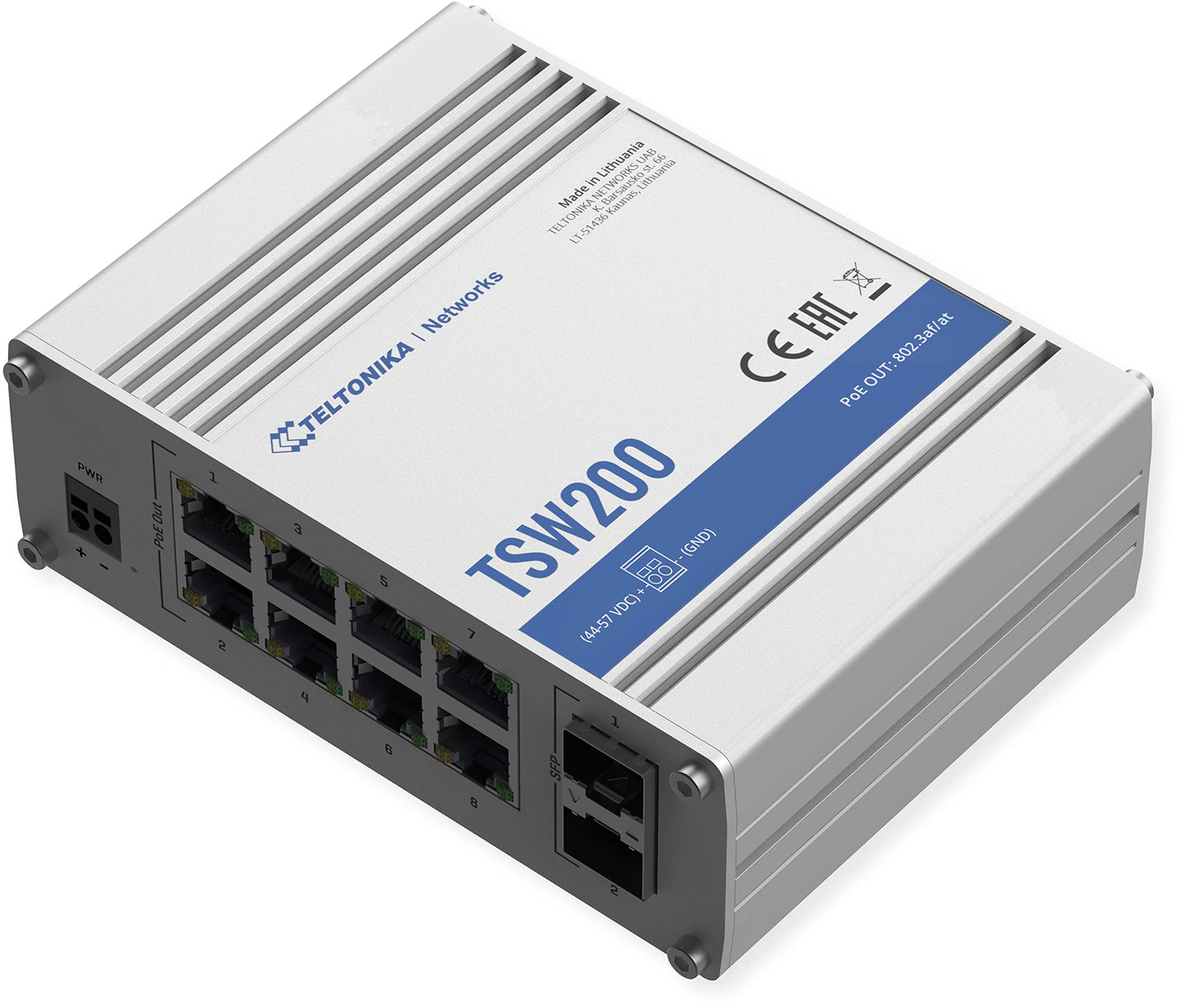 Teltonika TSW200000010 Model TSW200 Industrial Unmanaged POE+ Switch, 8X PoE Ports, 8 x Ethernet Ports, Rugged Aluminum Housing, 2 SFP Ports