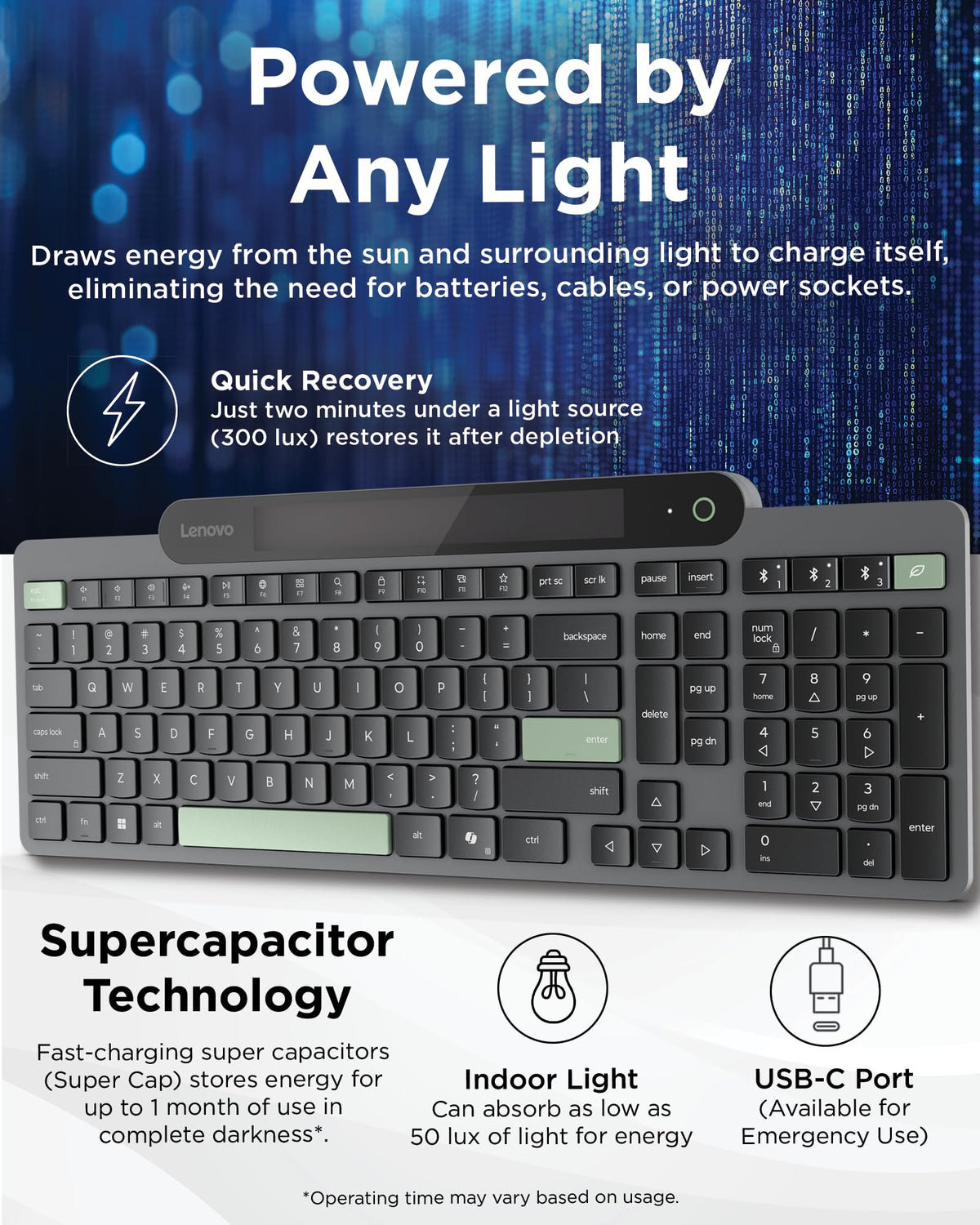 Lenovo 800 Self-Charging Bluetooth Keyboard, Uses Ambient Light, Bluetooth 5.1, Supports 3 Devices, Battery Free, Wireless, Grey