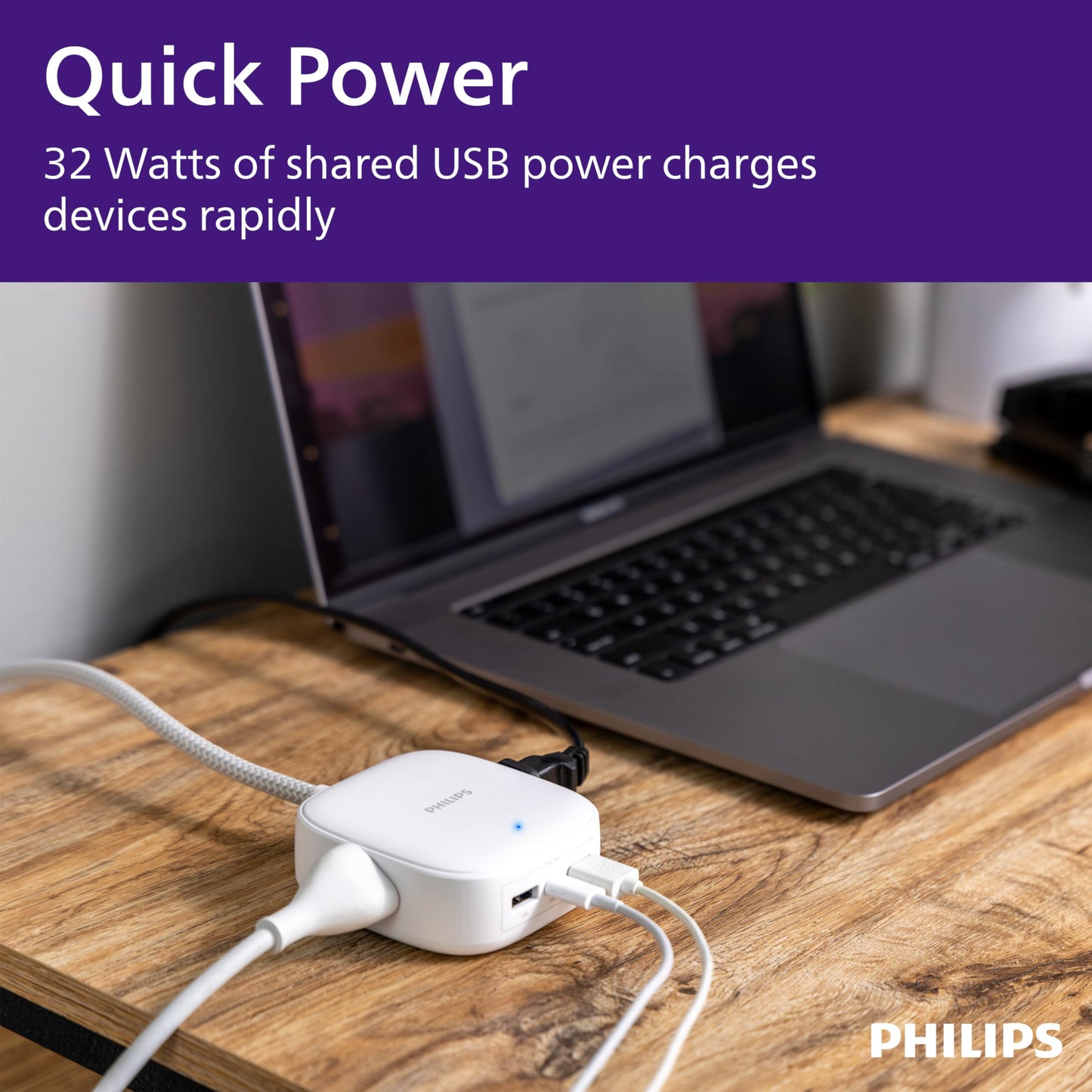 Philips 32W USB Extension Cord Power Strip Charging Station, USB-C, 2 Outlets, iPhone 17/Pro/Max, iPad, Samsung Galaxy, Headphones, Nintendo Switch