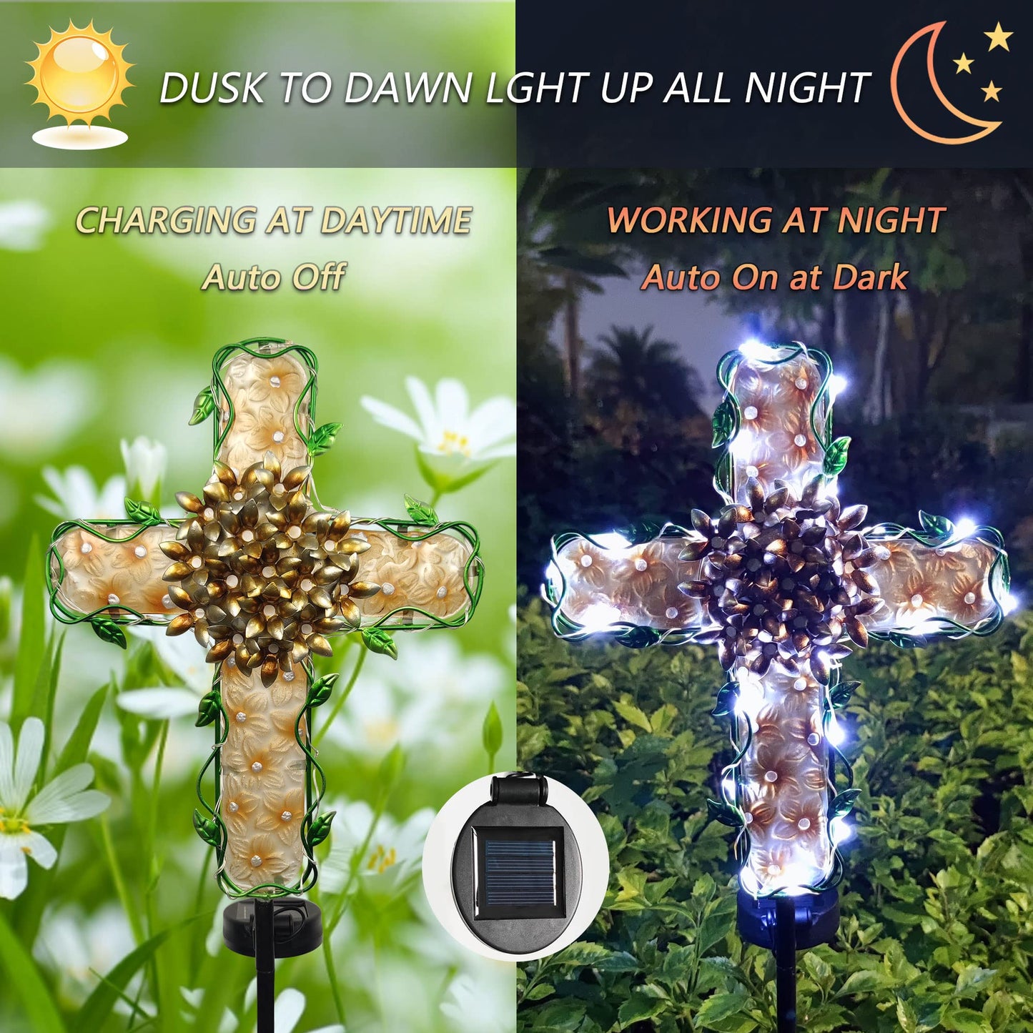 COOZZYHOUR 38inch Cross Garden Solar Lights Outdoor Decorative - Solar Metal&Glass Cross Apricot Hydrangea Flower Stake Lights- Waterproof 20 White
