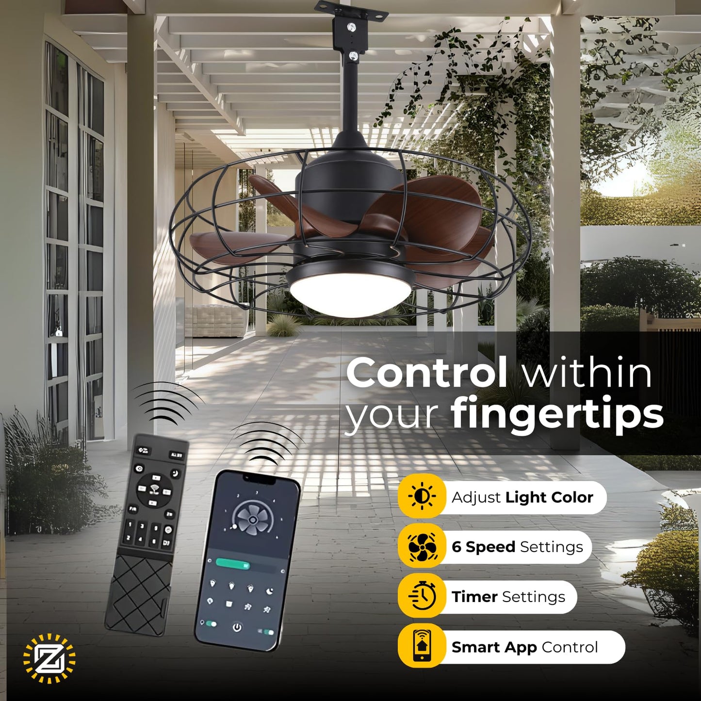 CondoMounts ZeboZap ZZFANC201B 20" Outdoor Ceiling Fan with Lights for Patios, Gazebo and Pergola. Plug in Gazebo Ceiling Fan with Remote Control