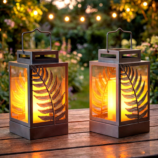 Walensee Solar Lights Outdoor with Flickering Flame (2Pack Grey) Upgrade Metal Solar Powered Lantern Landscape Leaf Decorative Hanging Lighting