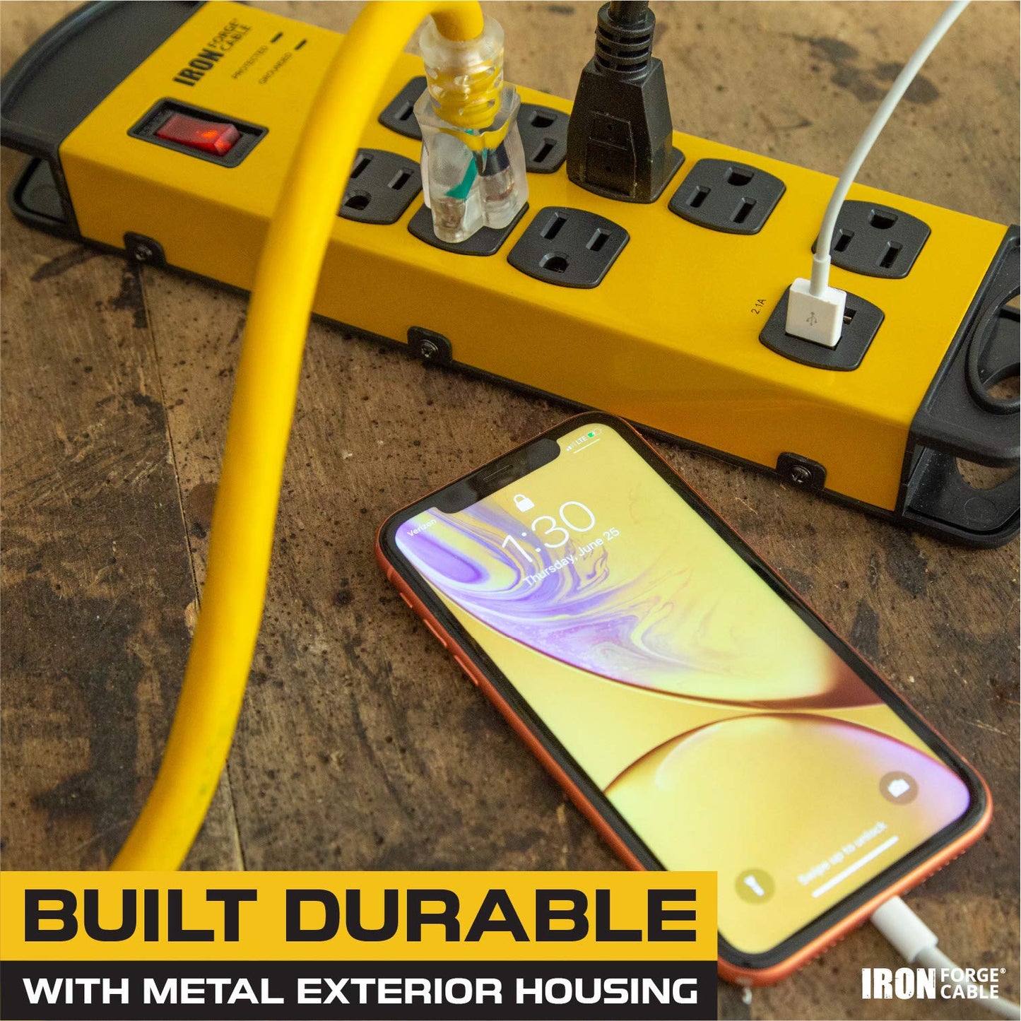 Iron Forge Cable 8 Outlet Heavy Duty Surge Protector Power Strip with Built-in Circuit Breaker, 14/3 SJT Black & Yellow with 6 ft Extension Cord