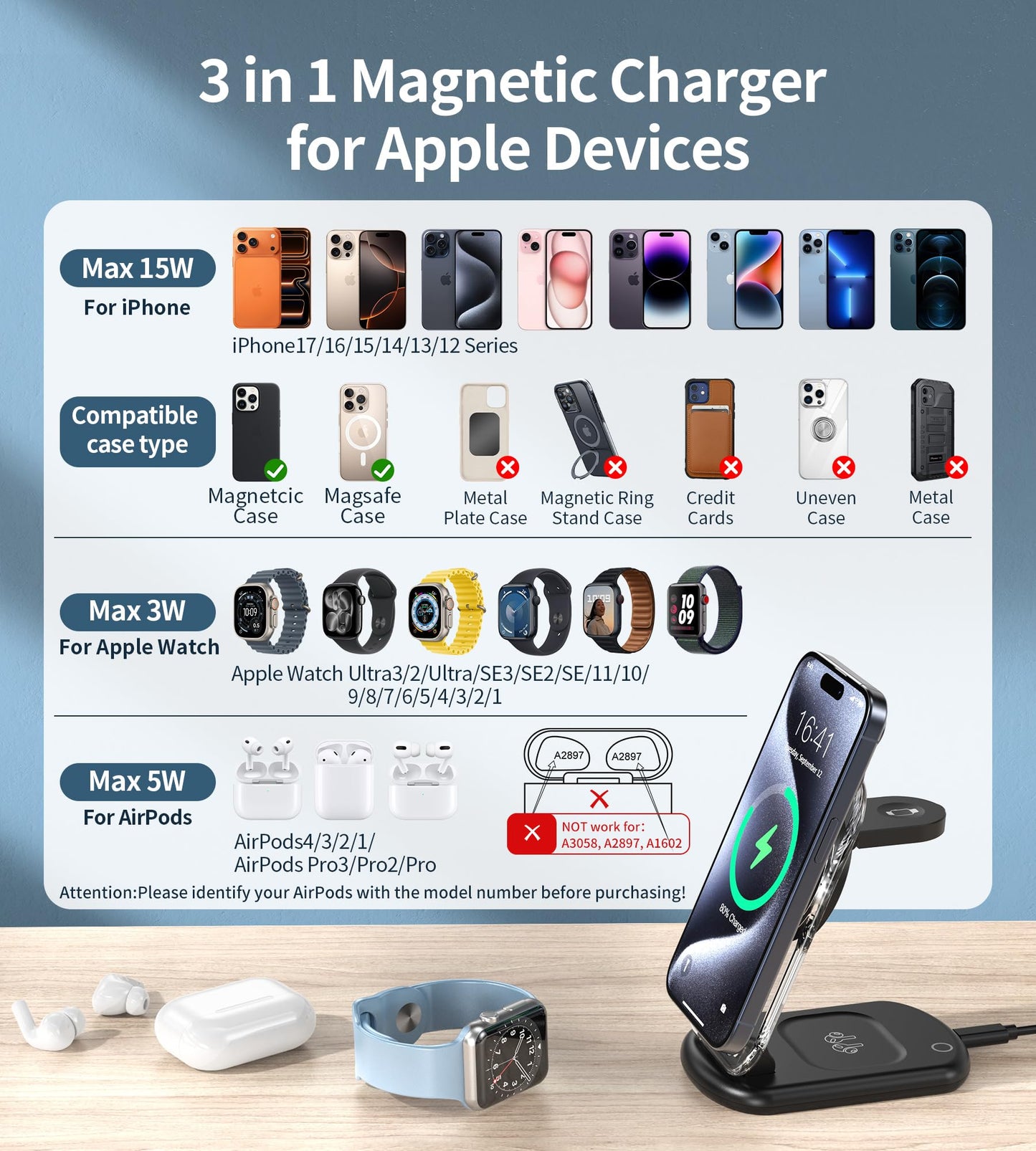 3 in 1 Magnetic Wireless Charging Station for Apple Devices, Fast Foldable Travel Mag-Safe Charger Stand with Night Light for iPhone 17 16 15 14 13 12