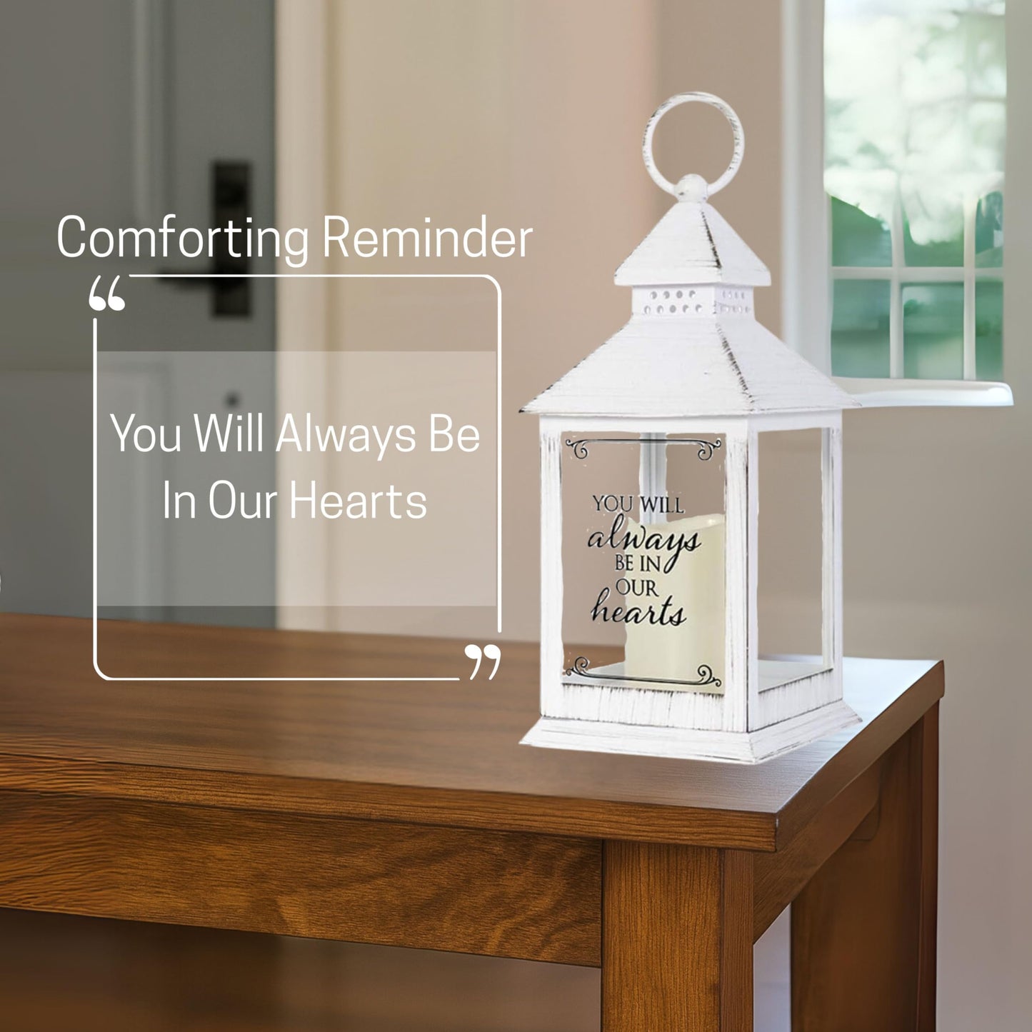 Distressed White Memorial Lantern with Flameless Candle (Always in Our Hearts)