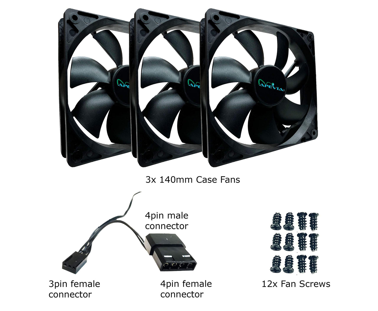 APEVIA CF314S-BK 140mm 4pin Molex & 3pin Motherboard Black Silent Case Fan (3-pk)