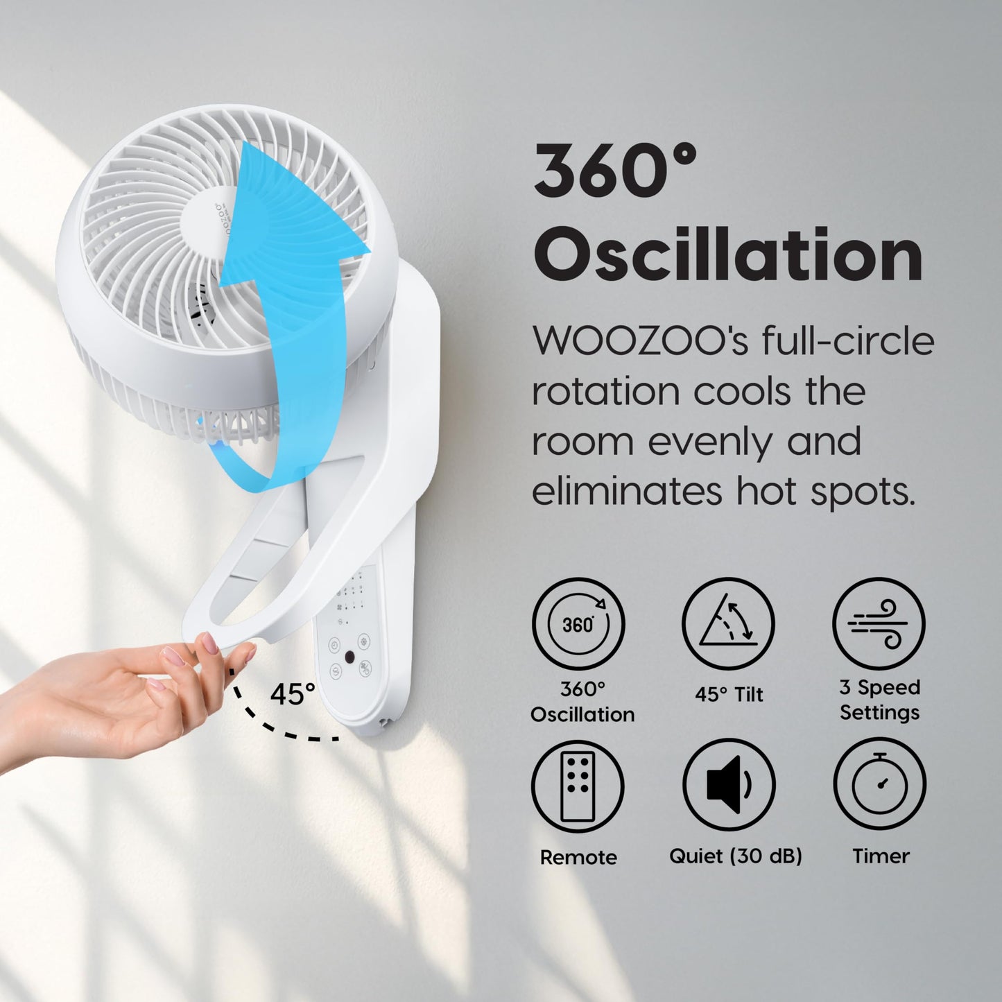 IRIS USA WOOZOO Air Circulator Wall Mount Fan with Remote, 360° Oscillation, 3 Speeds, 414 sqft Coverage, Quiet 30dB Motor, Adjustable Tilt,