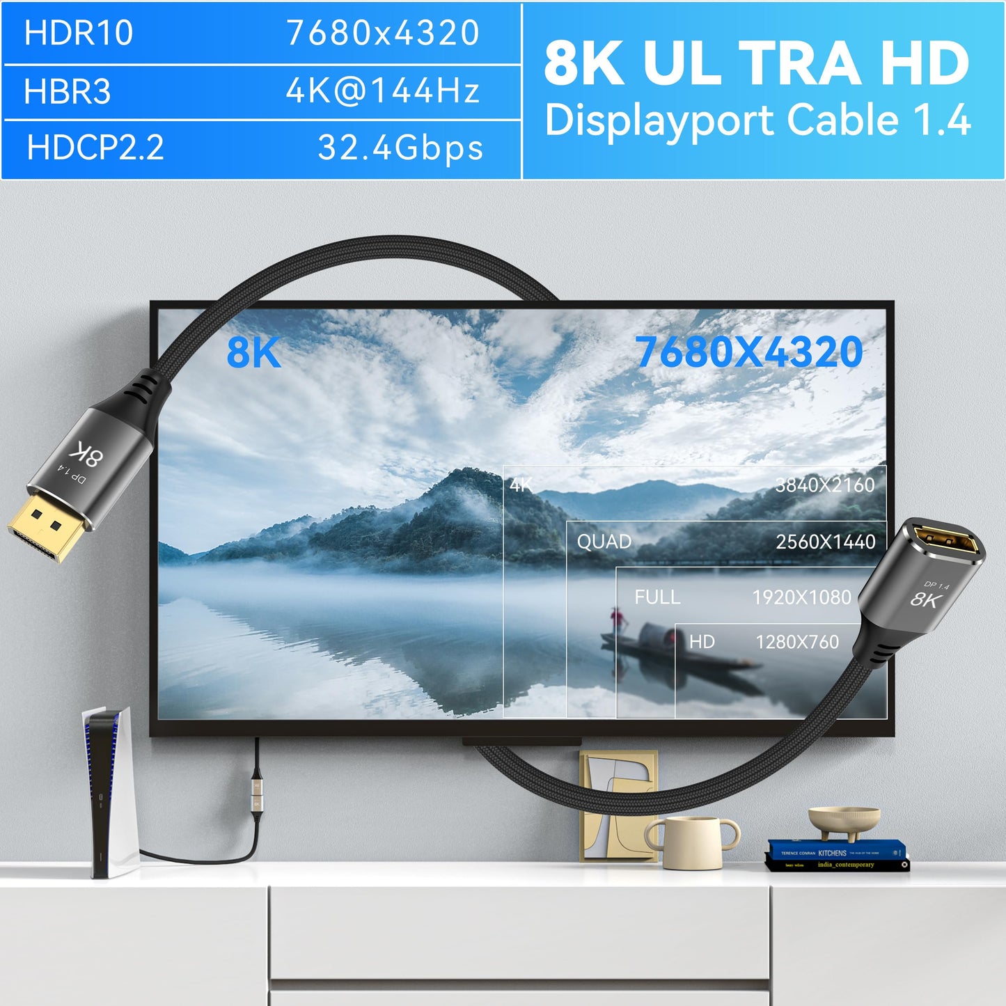 DGHUMEN 8K DisplayPort Extension Cable 3Feet, DisplayPort 1.4 Male to Female Extension Cable, Braided DP to DP Extended Cord, Supports