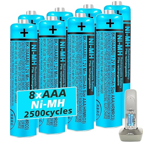 HIECTPRO BK-30AAABU NI-MH AAA Rechargeable Battery 1.2V 300mah 8Pack AAA NiMH Batteries for Panasonic Cordless Phones, Remote Controls, Electronics